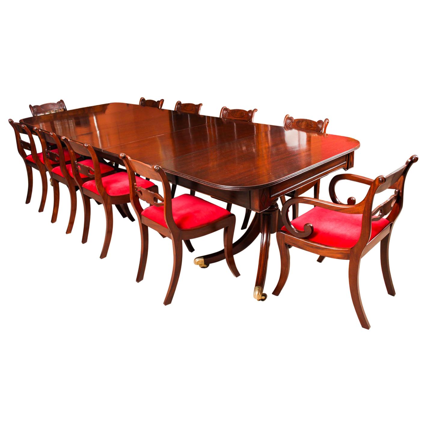 Antique Twin Pillar Regency Dining Table and 10 Regency Chairs, 19th