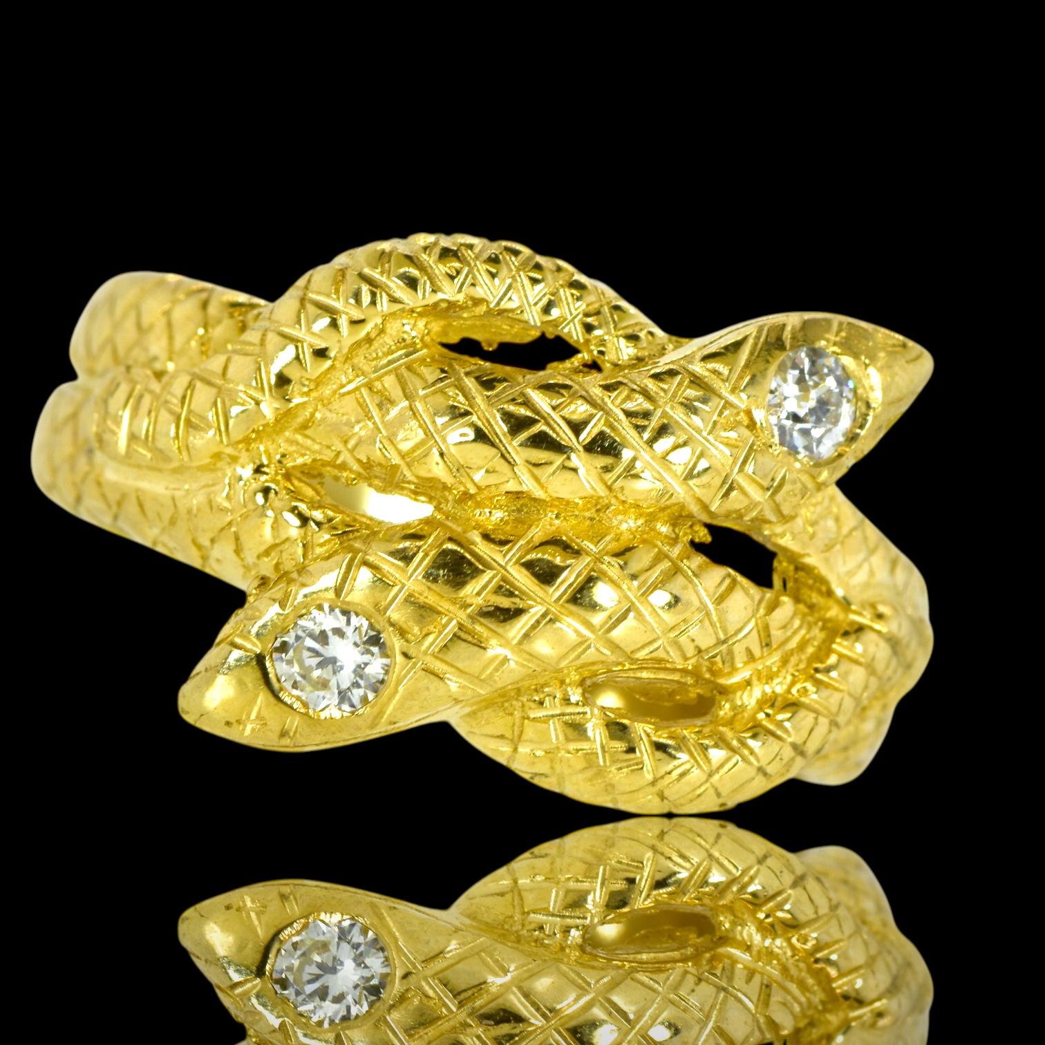 Old Mine Cut Antique Twin Serpent  Ring symbolizing eternal love in gold with  Diamonds 1880 For Sale