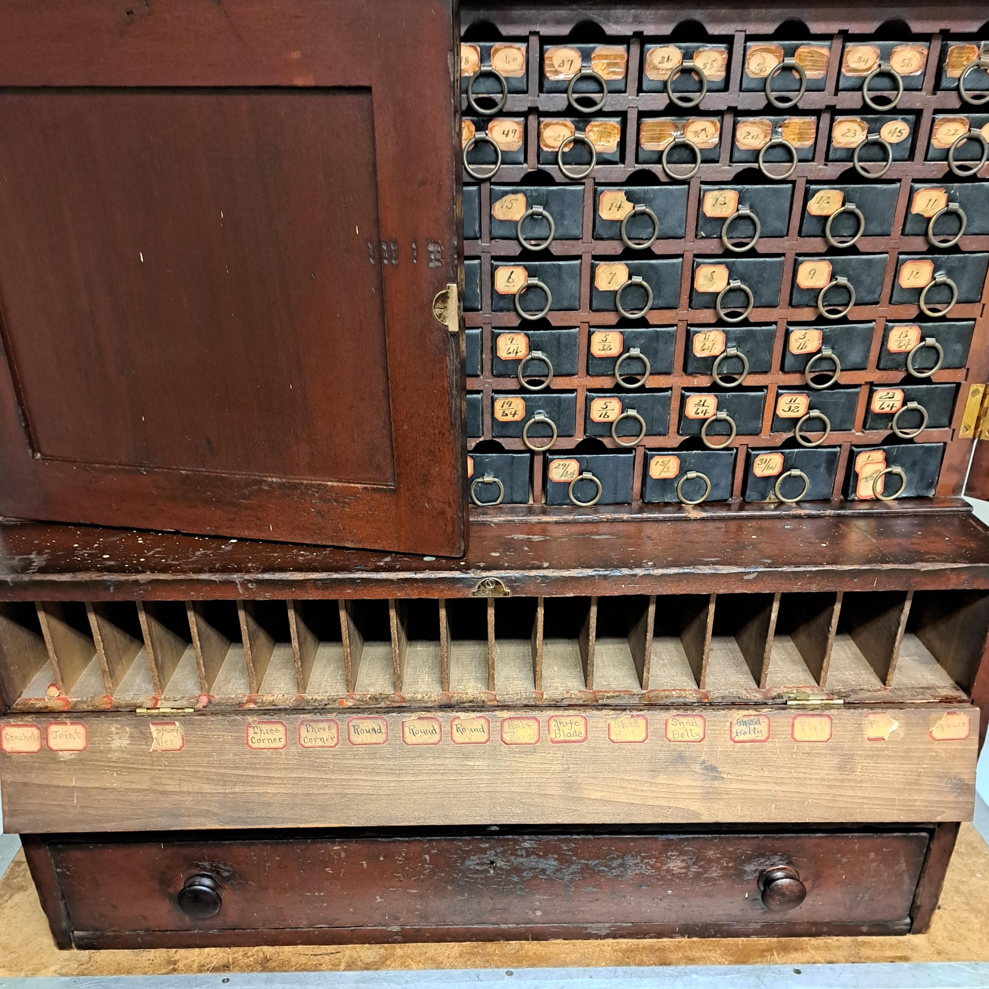 Antique Machinists Twist Drill Multi Drawer Cabinet In Distressed Condition For Sale In Newtown, CT