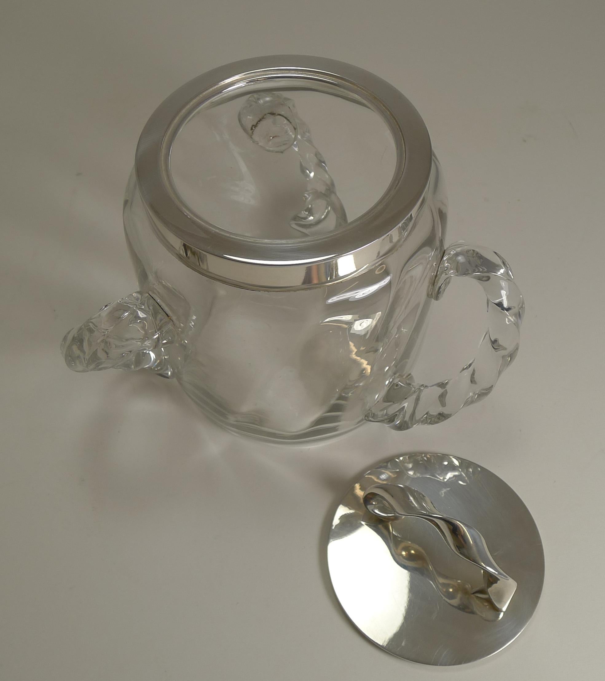 Late Victorian Antique Twisted Three Handled Glass and Silver Plate Biscuit Box, circa 1890 For Sale