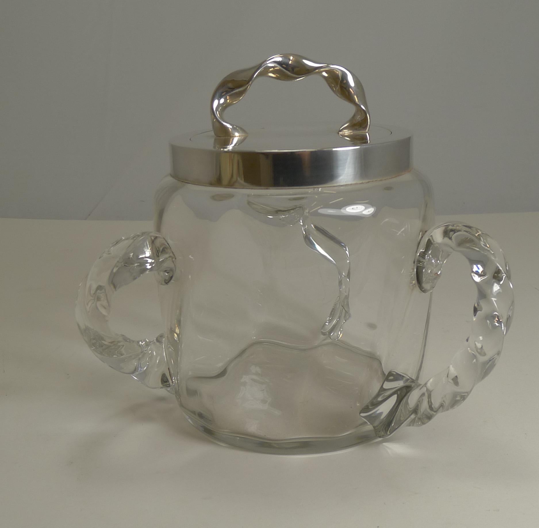 Late 19th Century Antique Twisted Three Handled Glass and Silver Plate Biscuit Box, circa 1890 For Sale