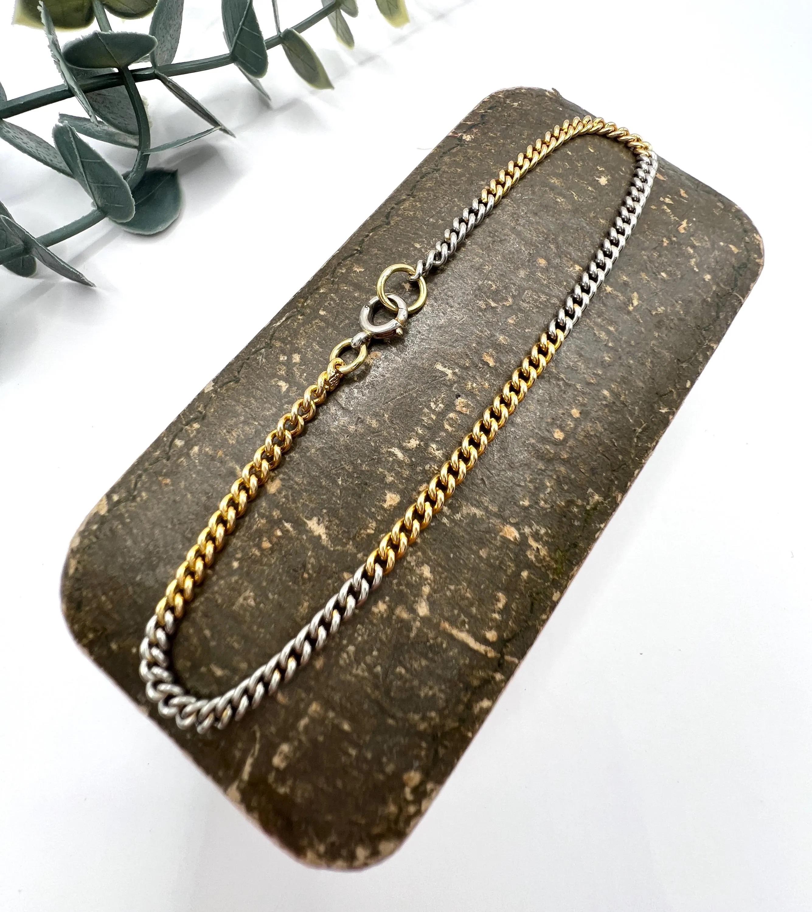 Antiguo bicolor de oro amarillo de 18 ct y platino, pulsera eduardiana de eslabones de freno en venta 1