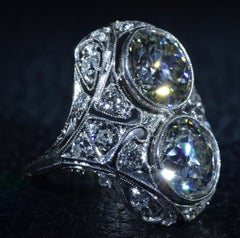 Antique Two Diamond Filigree Ring in Platinum Set with 2.30 Carat and 2.48 Carat