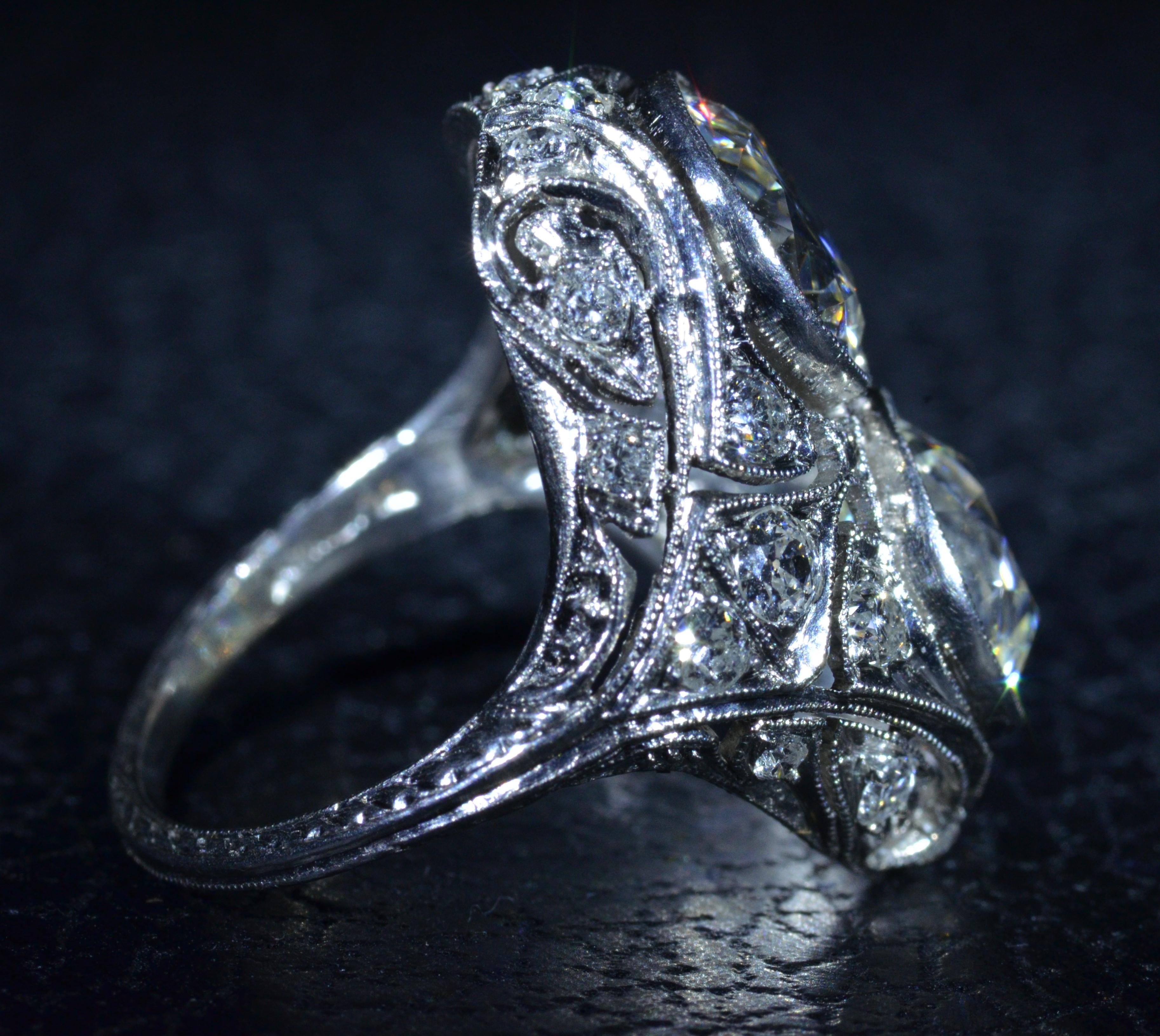 Edwardian Antique Two Diamond Filigree Ring in Platinum Set with 2.30 Carat and 2.48 Carat For Sale