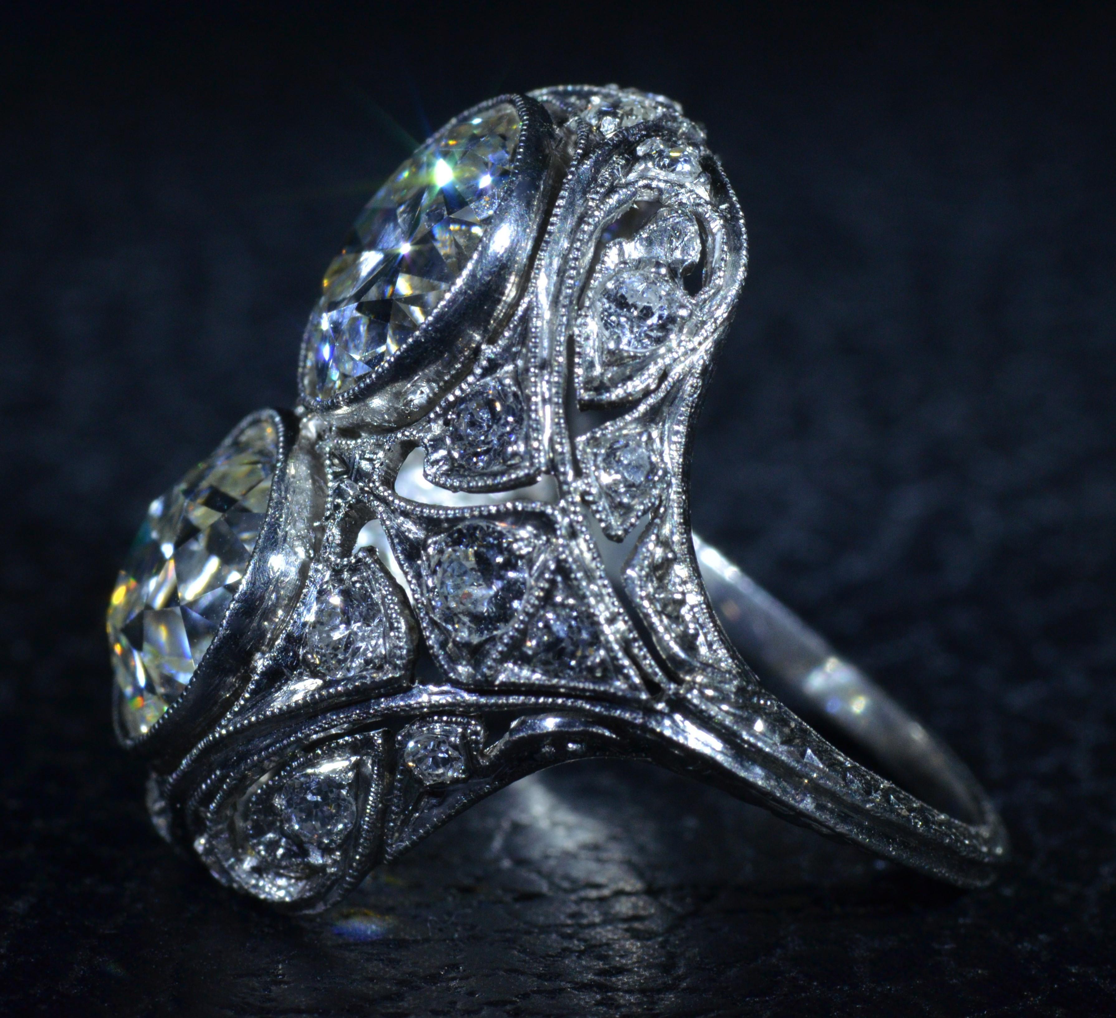 Old Mine Cut Antique Two Diamond Filigree Ring in Platinum Set with 2.30 Carat and 2.48 Carat For Sale