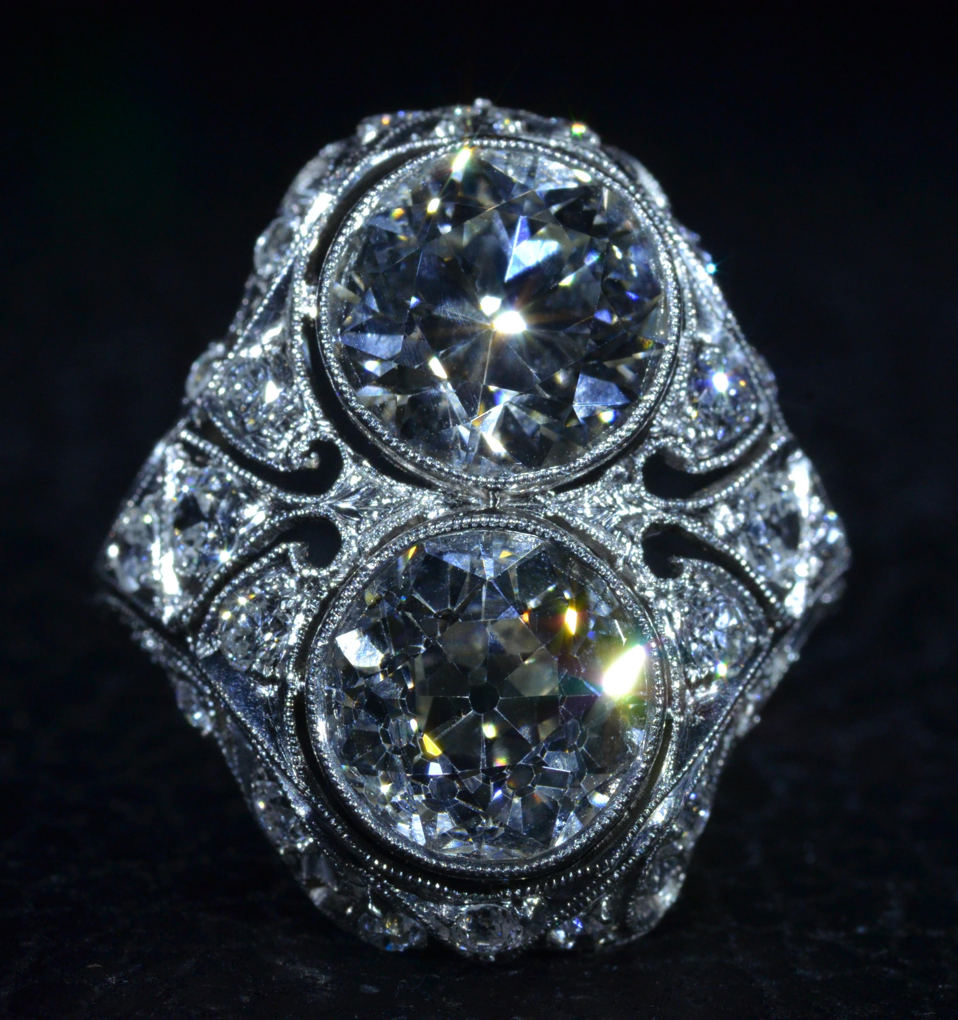 Antique Two Diamond Filigree Ring in Platinum Set with 2.30 Carat and 2.48 Carat In Excellent Condition For Sale In Warrington, PA