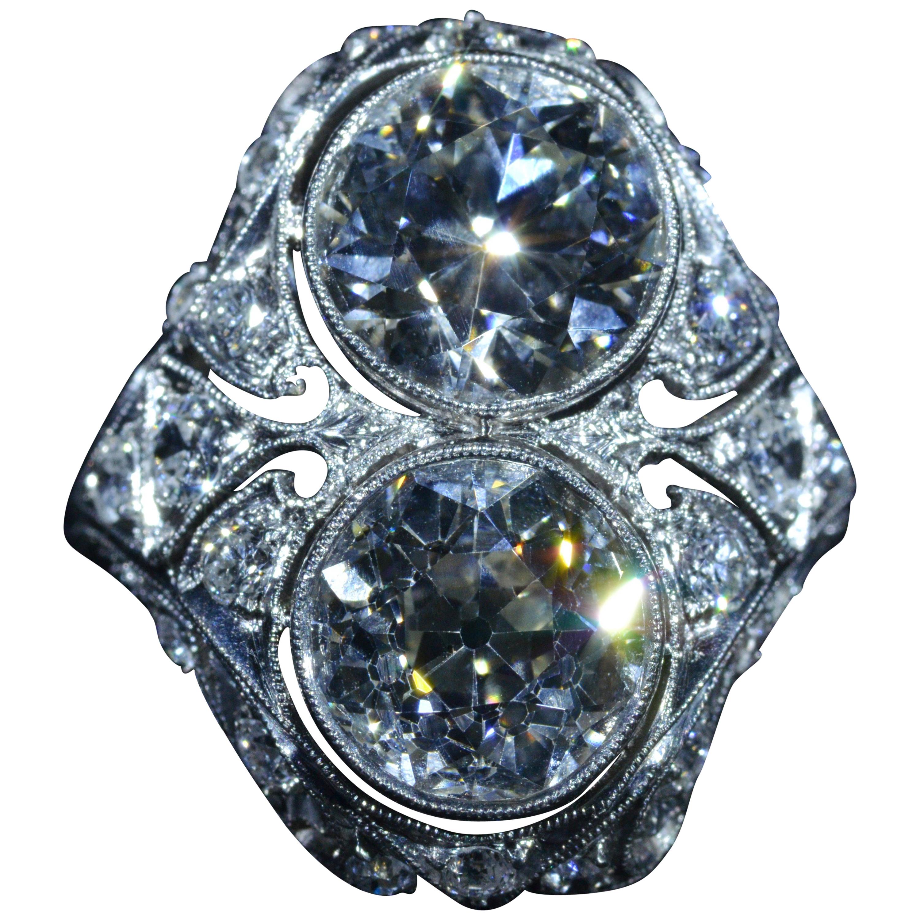 Antique Two Diamond Filigree Ring in Platinum Set with 2.30 Carat and 2.48 Carat For Sale