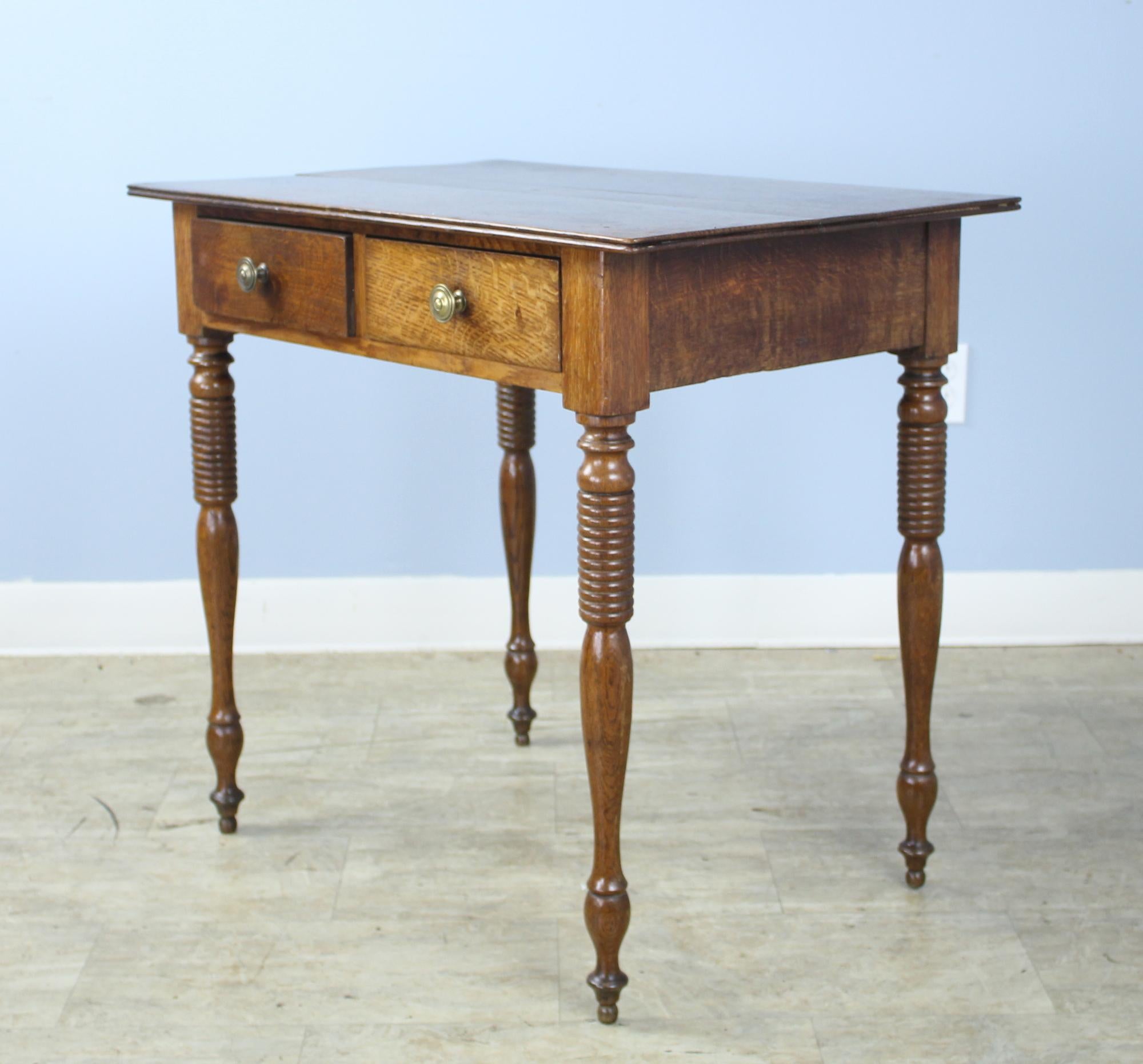 French Antique Two Drawer Oak Side Table with Turned Legs