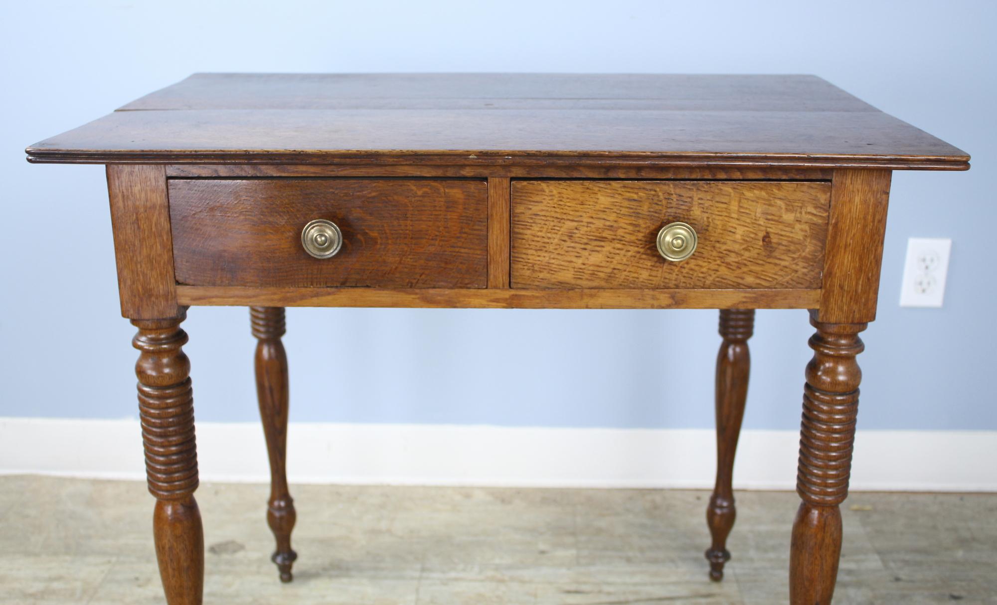 19th Century Antique Two Drawer Oak Side Table with Turned Legs