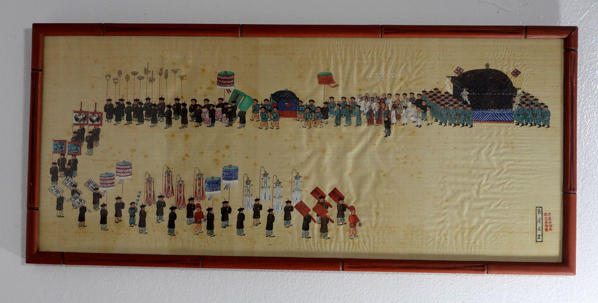Antique Two Framed Paintings of Japanese Processions, pigment on silk and the artist signed on both paintings.