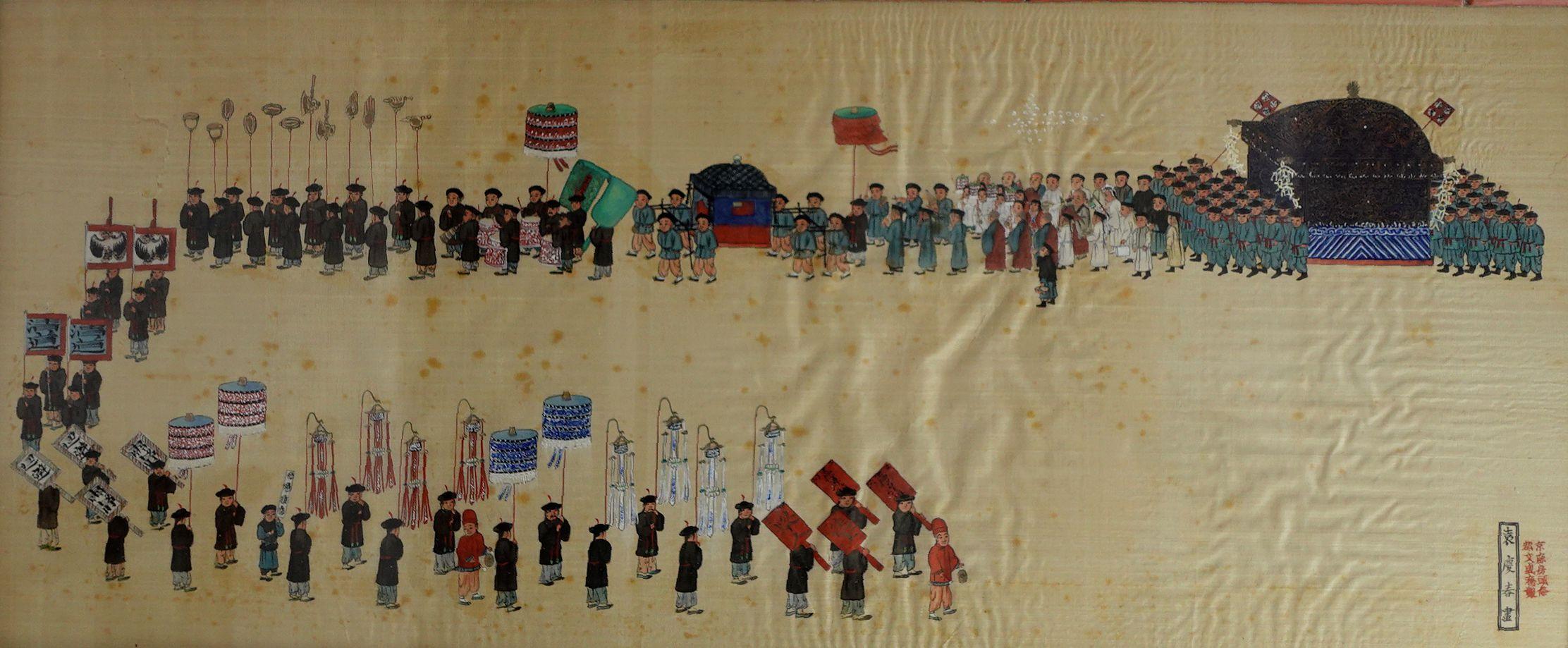 Hand-Painted Antique Two Framed Paintings of Japanese Processions, Signed For Sale