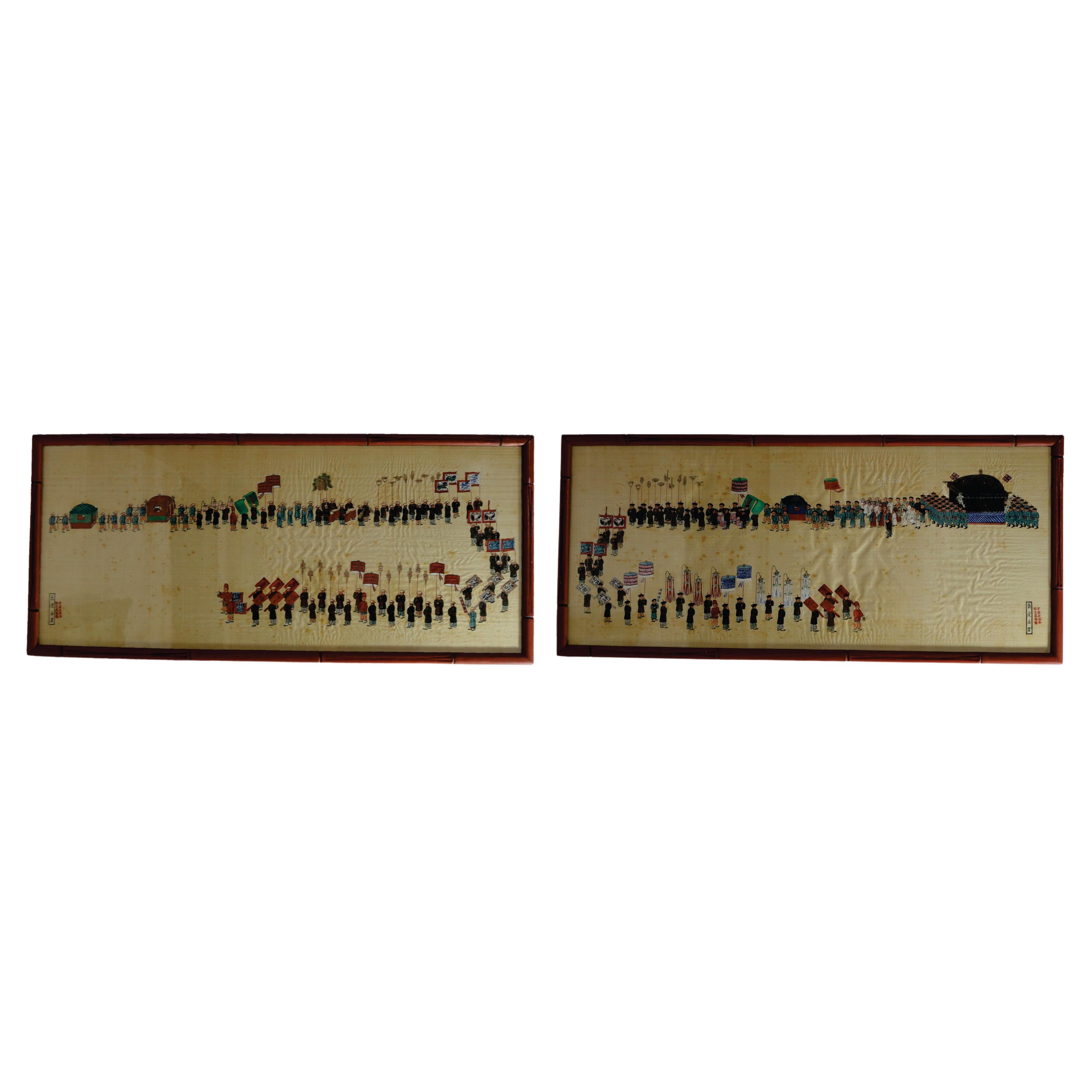 Antique Two Framed Paintings of Japanese Processions, Signed For Sale