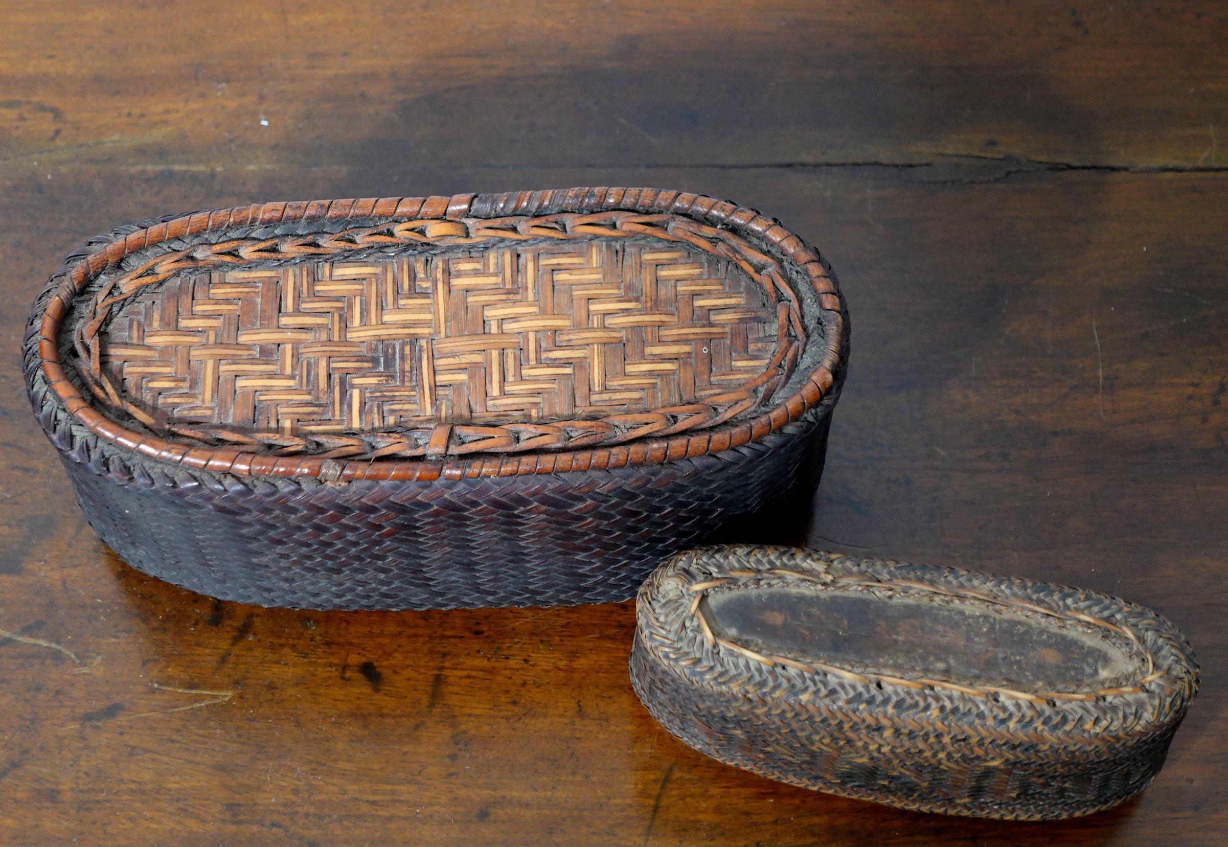 Hand-Crafted Antique Two Japanese Woven Bamboo Strip Boxes For Sale