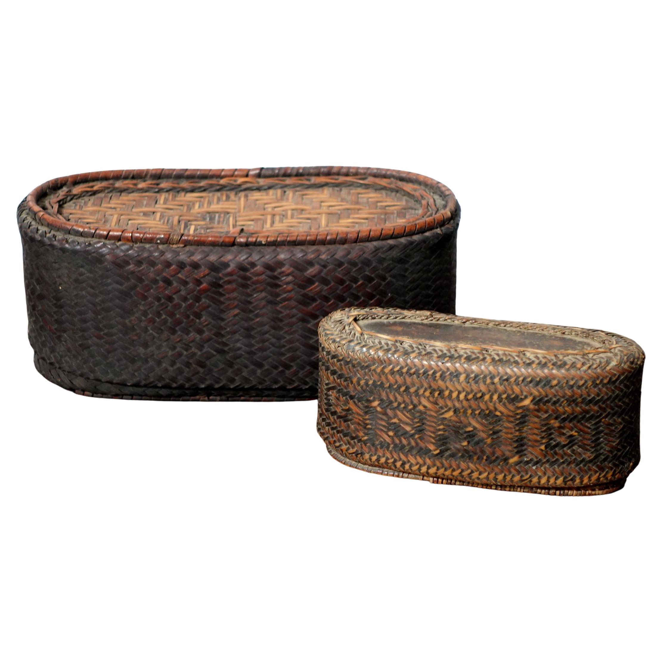 Antique Two Japanese Woven Bamboo Strip Boxes For Sale