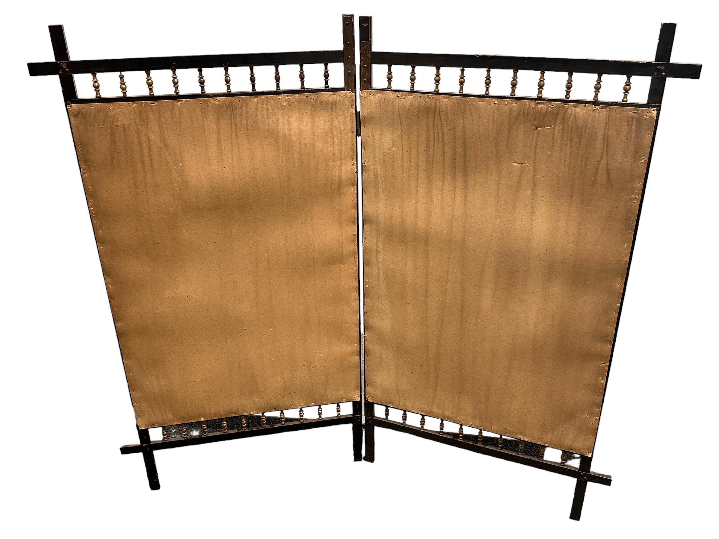 Antique Two Panel Screen Hand Painted on Fabric and Wood, Early 1900s For Sale 4