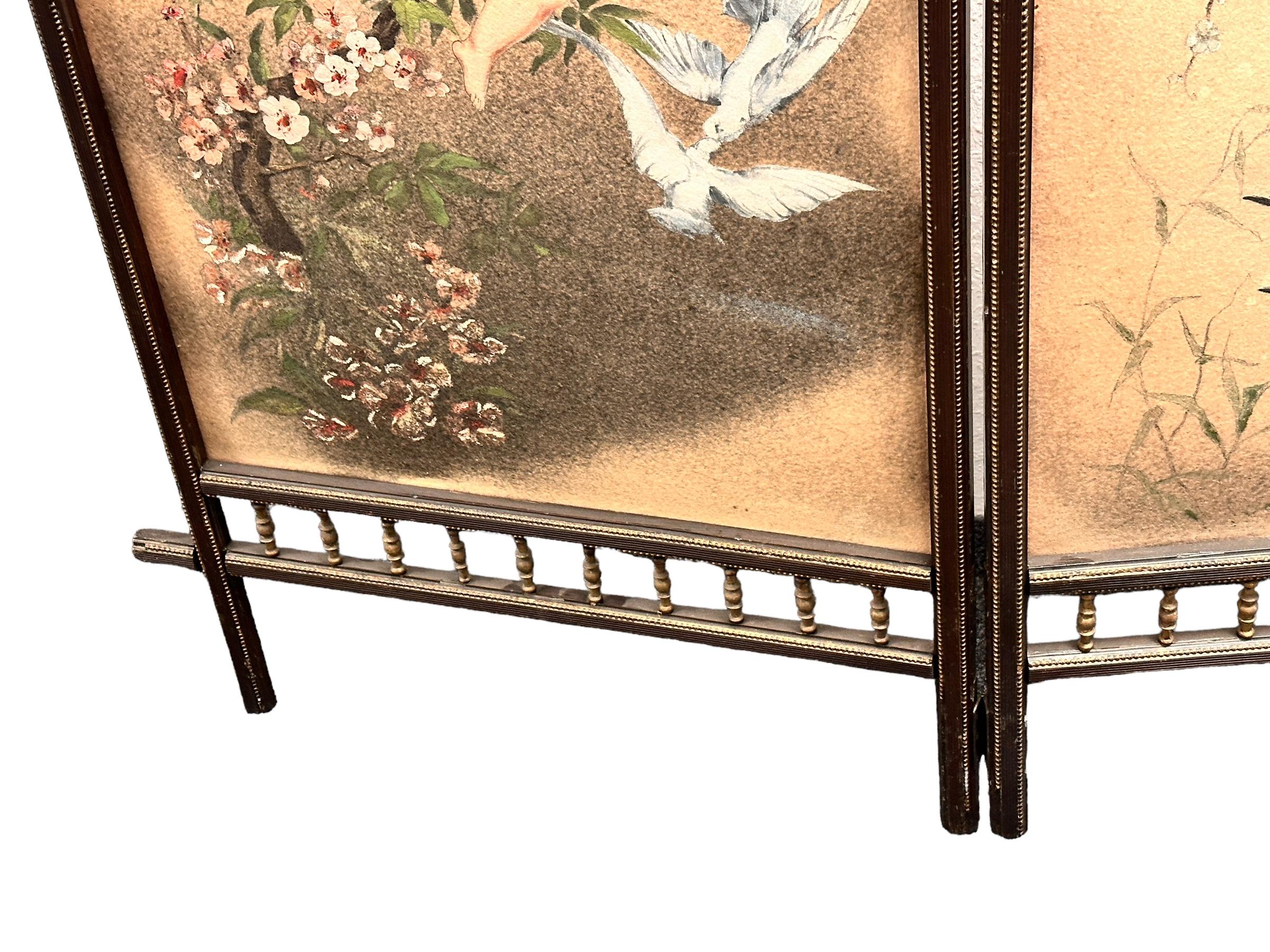 Antique Two Panel Screen Hand Painted on Fabric and Wood, Early 1900s For Sale 11
