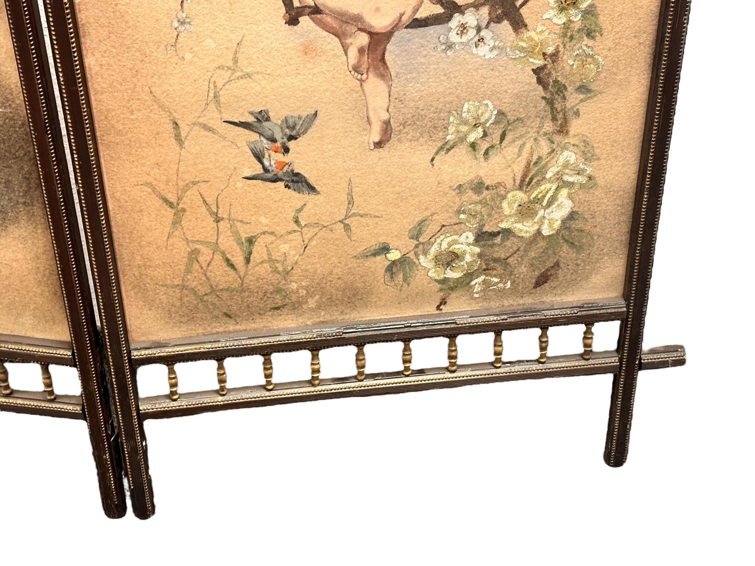Antique Two Panel Screen Hand Painted on Fabric and Wood, Early 1900s For Sale 12