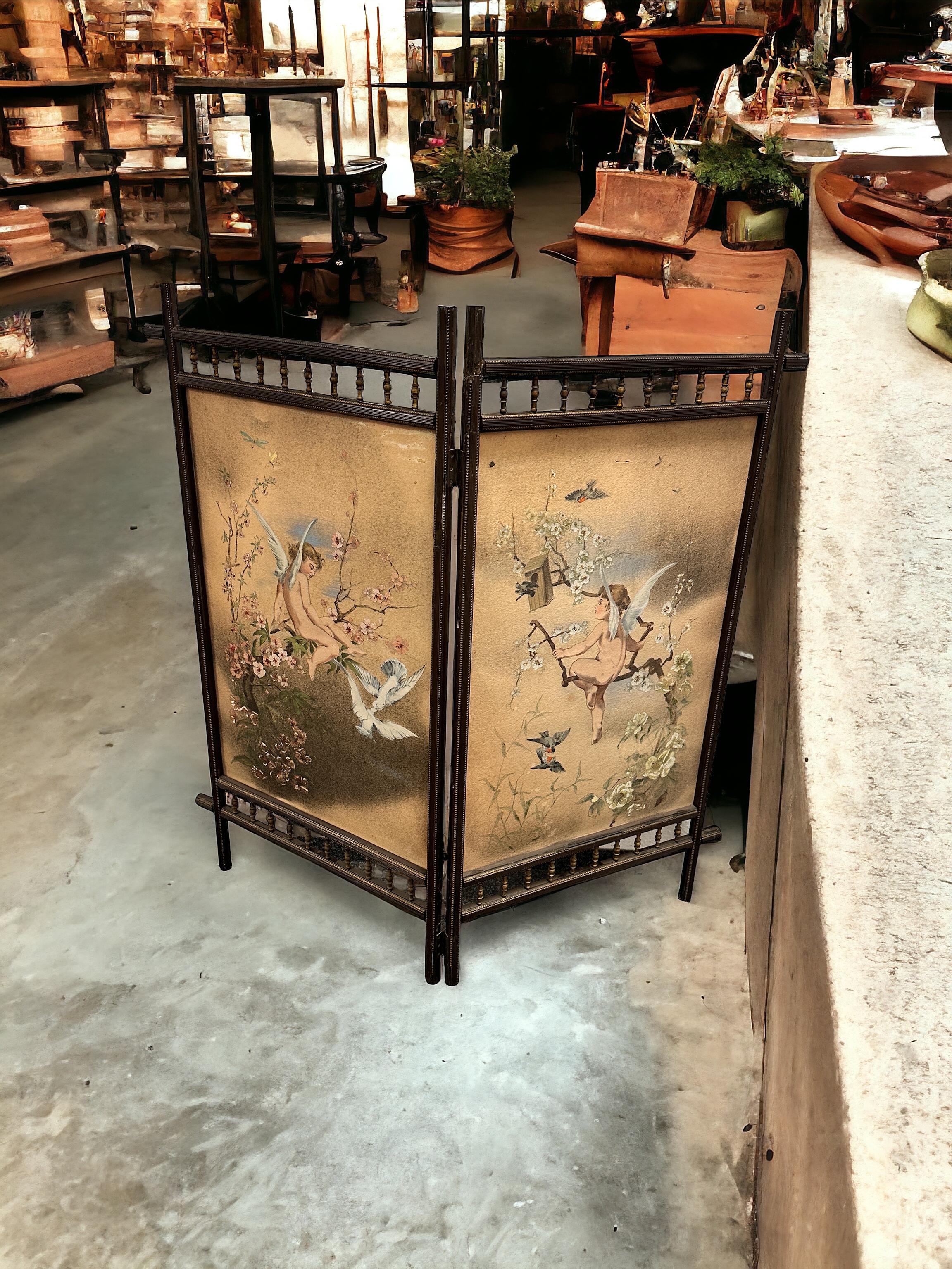 Folk Art Antique Two Panel Screen Hand Painted on Fabric and Wood, Early 1900s For Sale