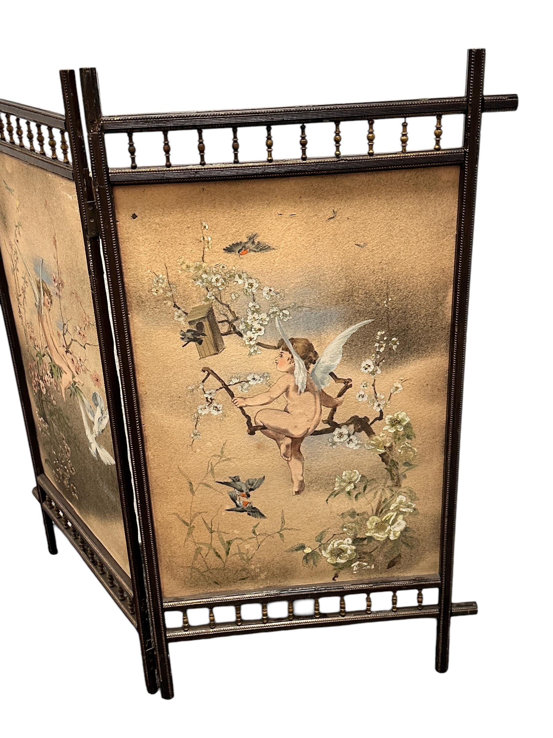 German Antique Two Panel Screen Hand Painted on Fabric and Wood, Early 1900s For Sale