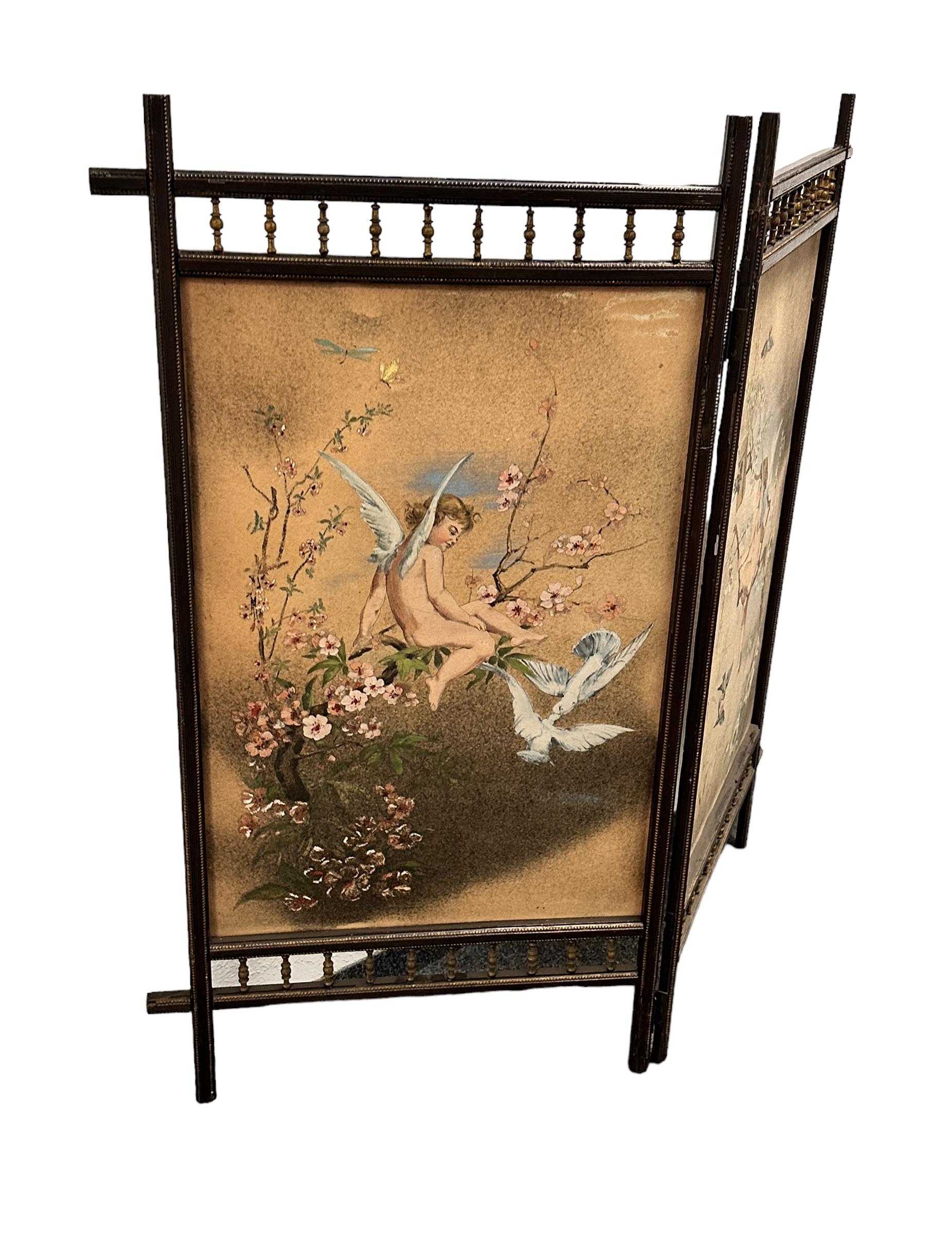 Hand-Painted Antique Two Panel Screen Hand Painted on Fabric and Wood, Early 1900s For Sale