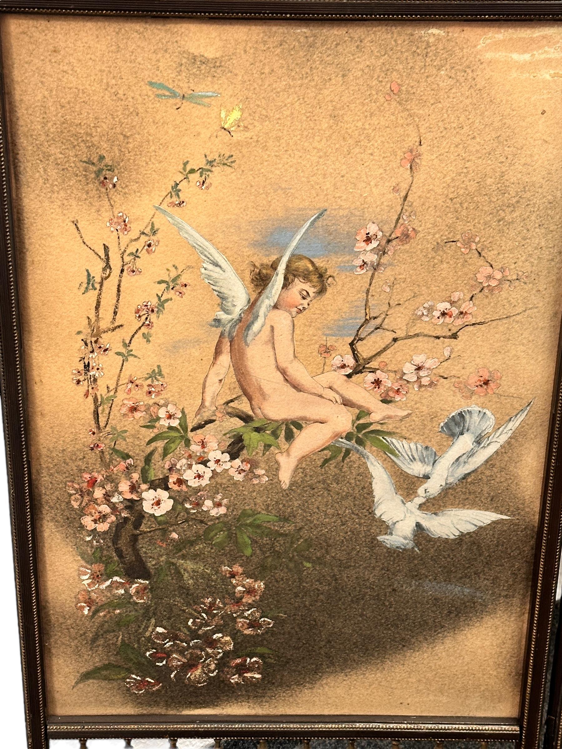 Paravent ancien peint à la main sur tissu et bois, début des années 1900 Bon état - En vente à Nuernberg, DE