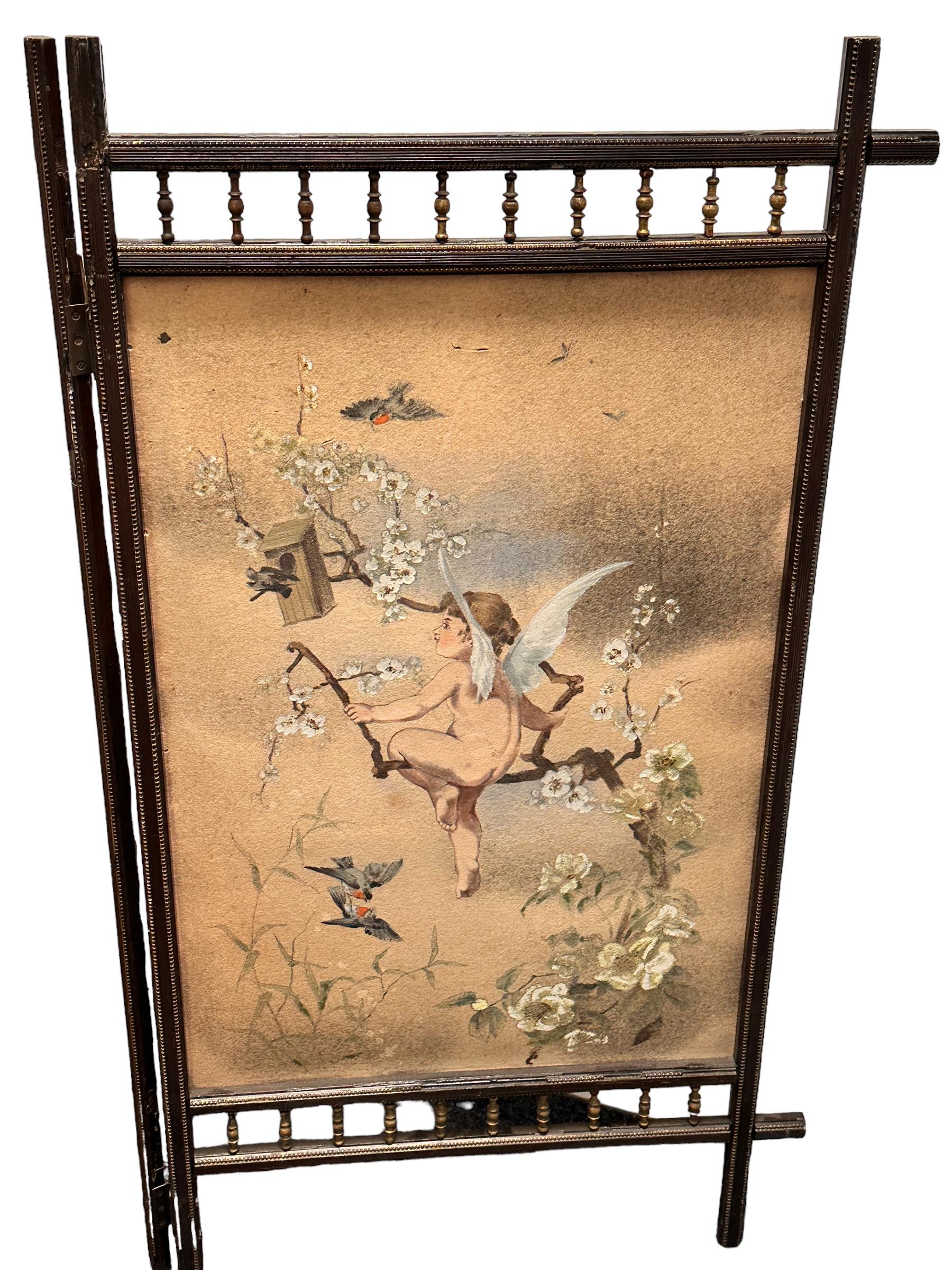 Antique Two Panel Screen Hand Painted on Fabric and Wood, Early 1900s For Sale 1