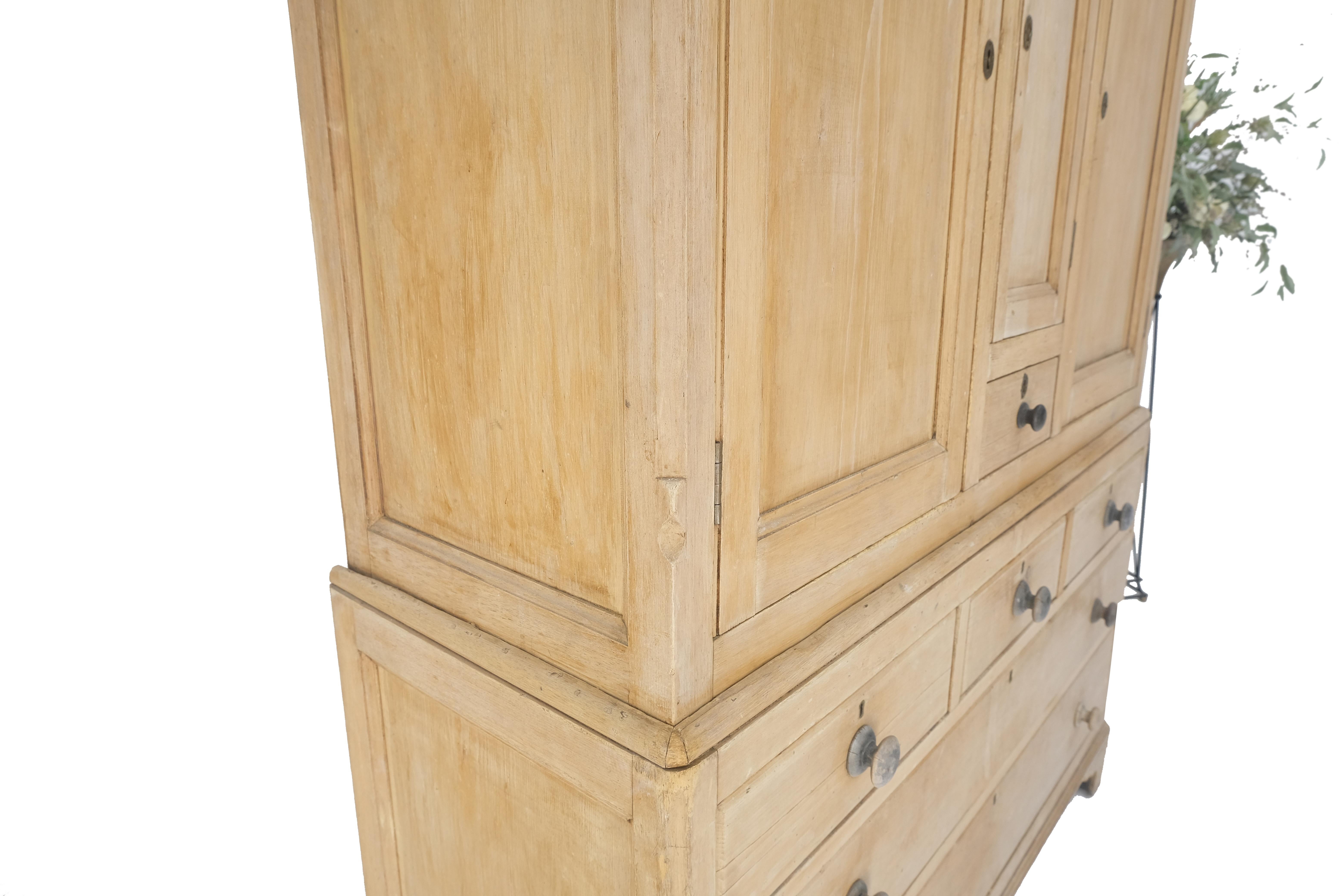 Dutch Colonial Antique Two Part White Wash Pine Cupboard Buffet Storage Cabinet Shelves  For Sale