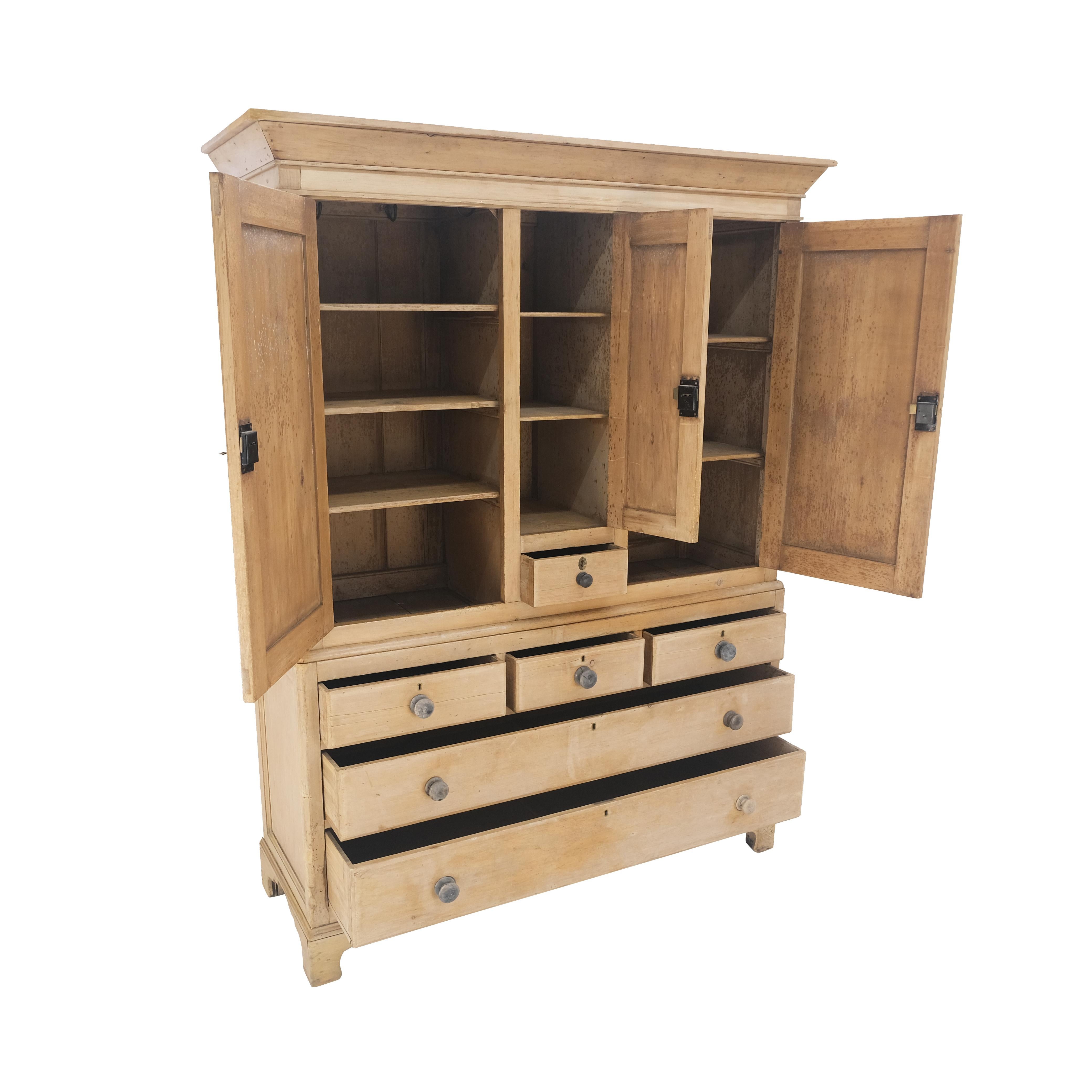 Antique Two Part White Wash Pine Cupboard Buffet Storage Cabinet Shelves In Fair Condition In Rockaway, NJ