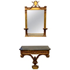 Antique Two Piece Italian Carved Giltwood Mirror and Marble Top Console Demilune