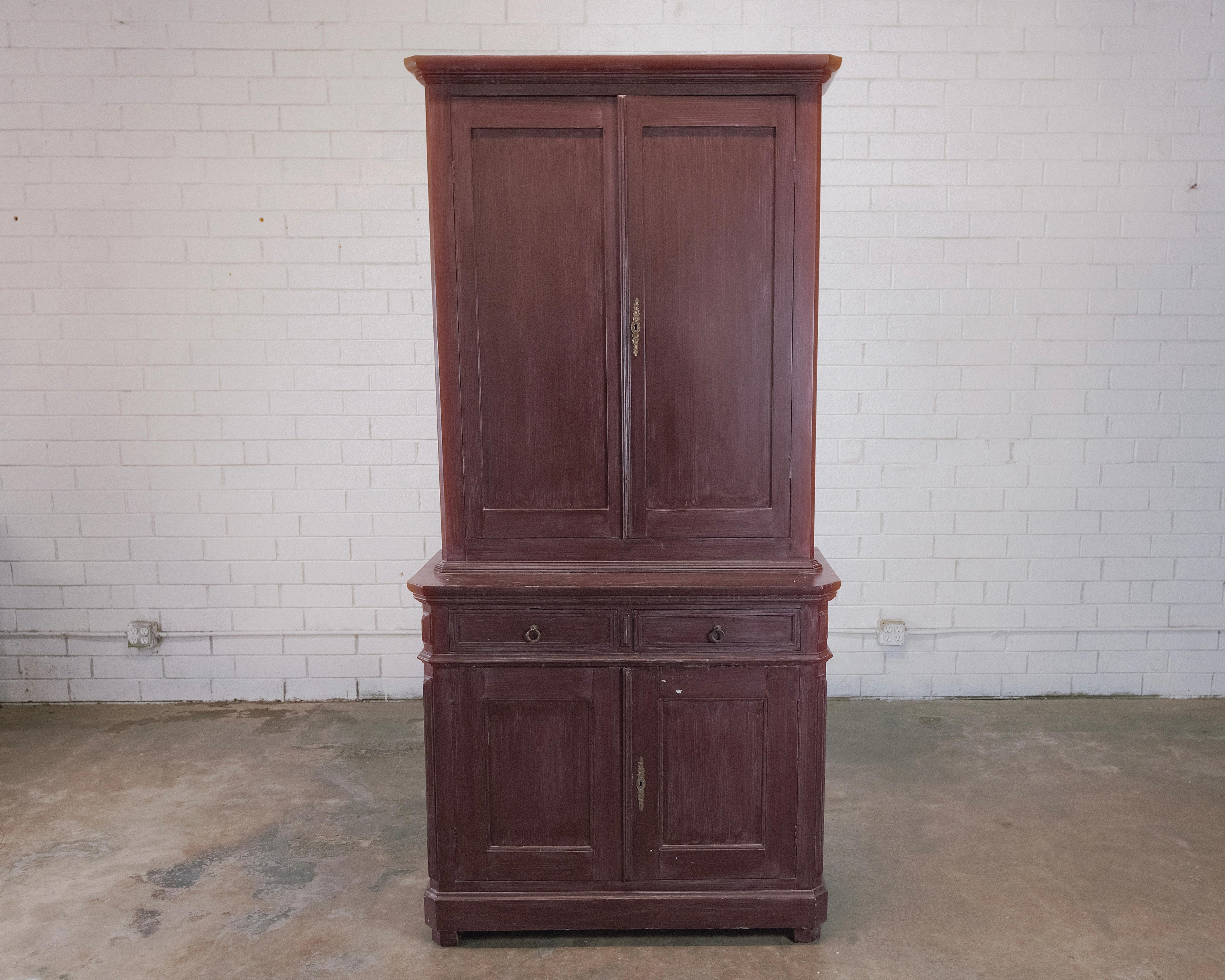 French Antique Two-Piece Pine Cupboard with Colorful Interior For Sale