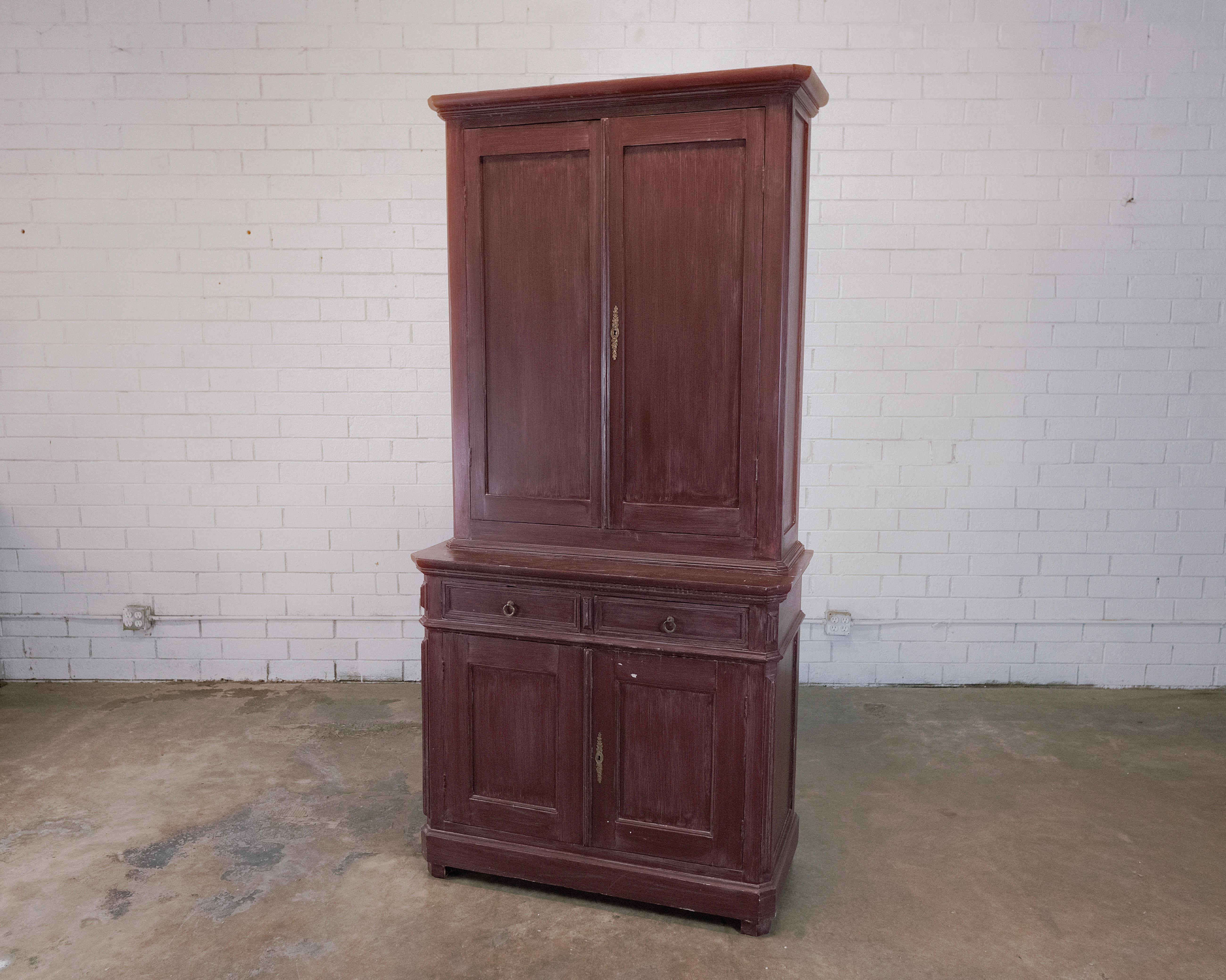 19th Century Antique Two-Piece Pine Cupboard with Colorful Interior For Sale