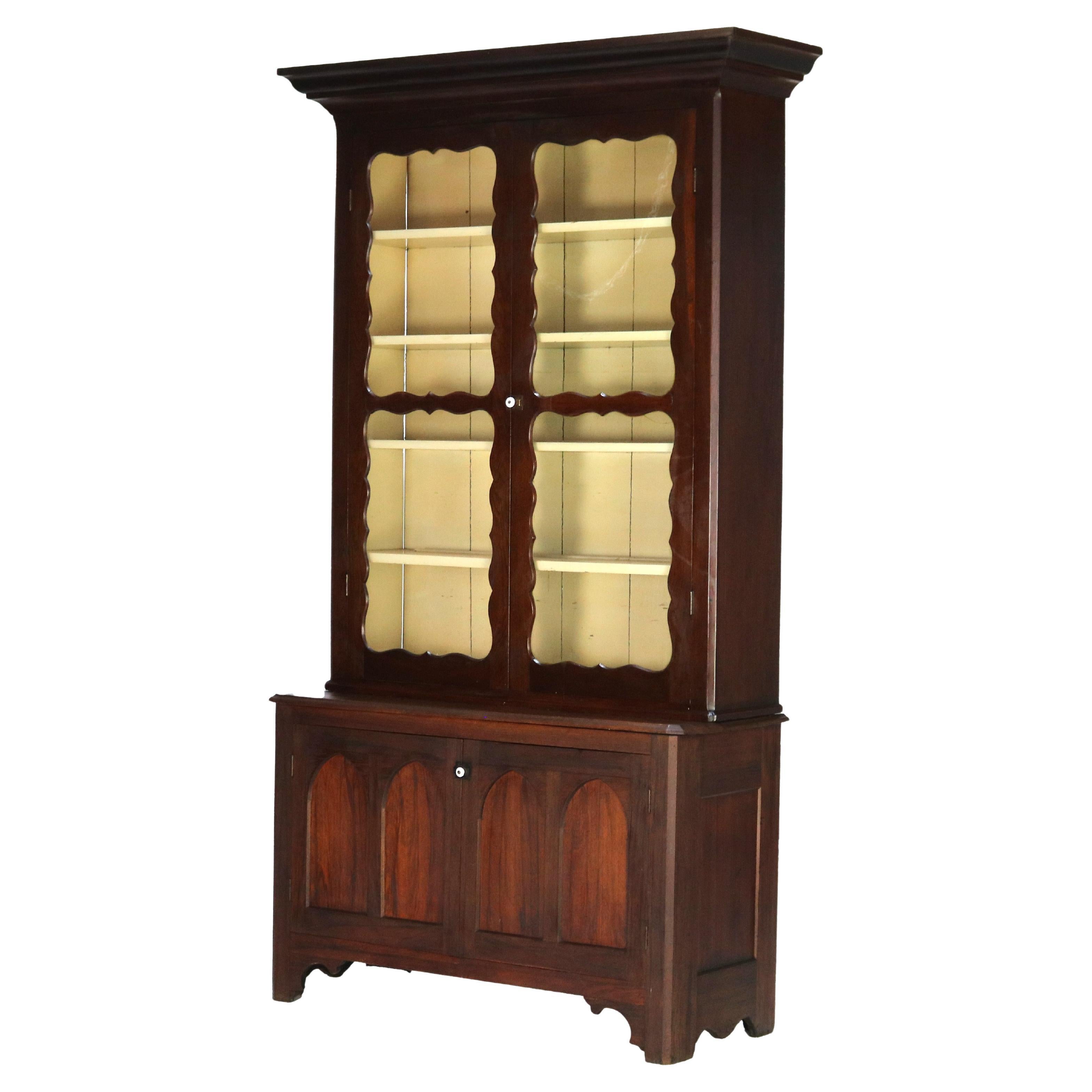 Antique Two-Piece Walnut Step Back Bookcase C1910 For Sale