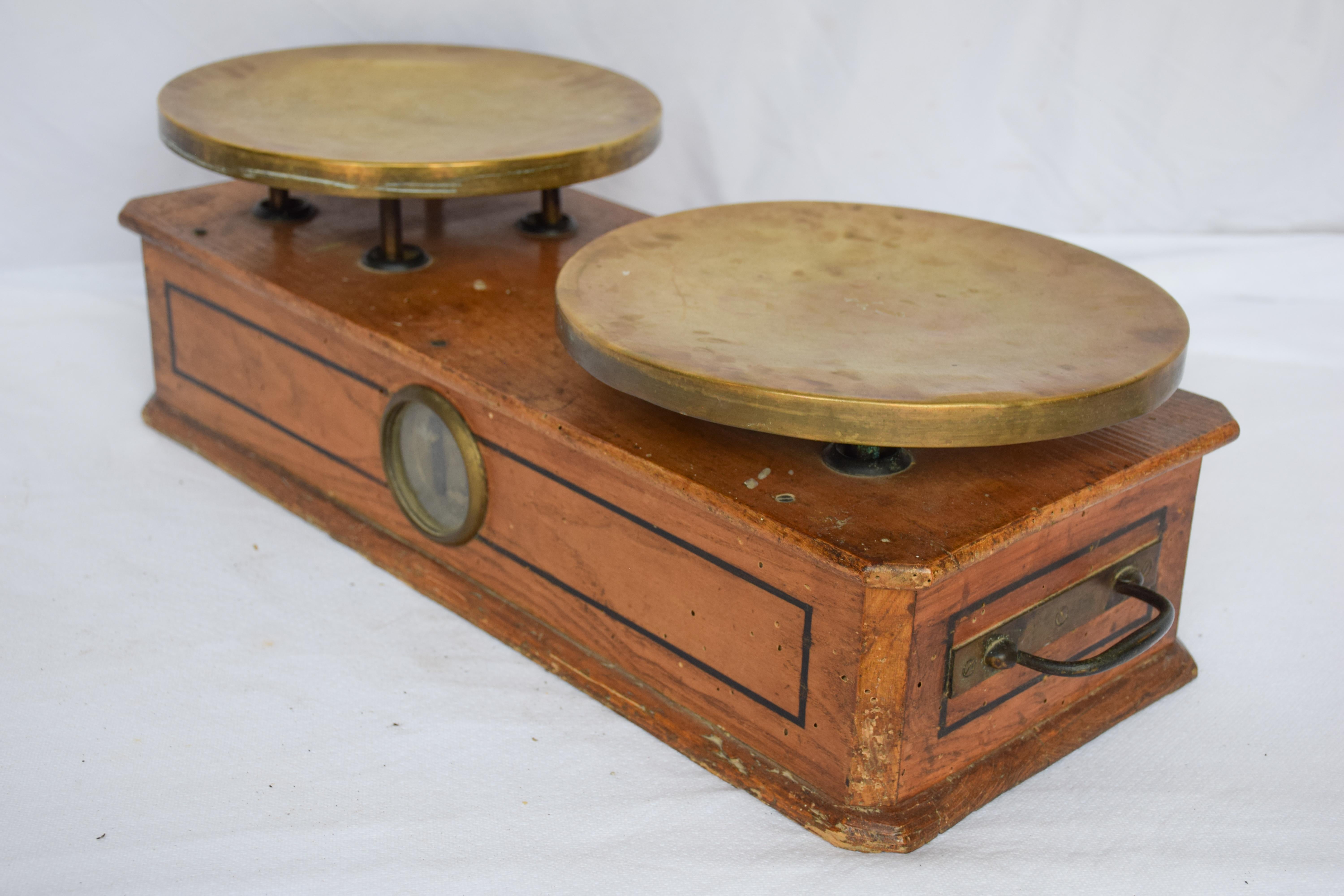 Antique Two-Plate Scale, Wood, Copper and Brass For Sale 8
