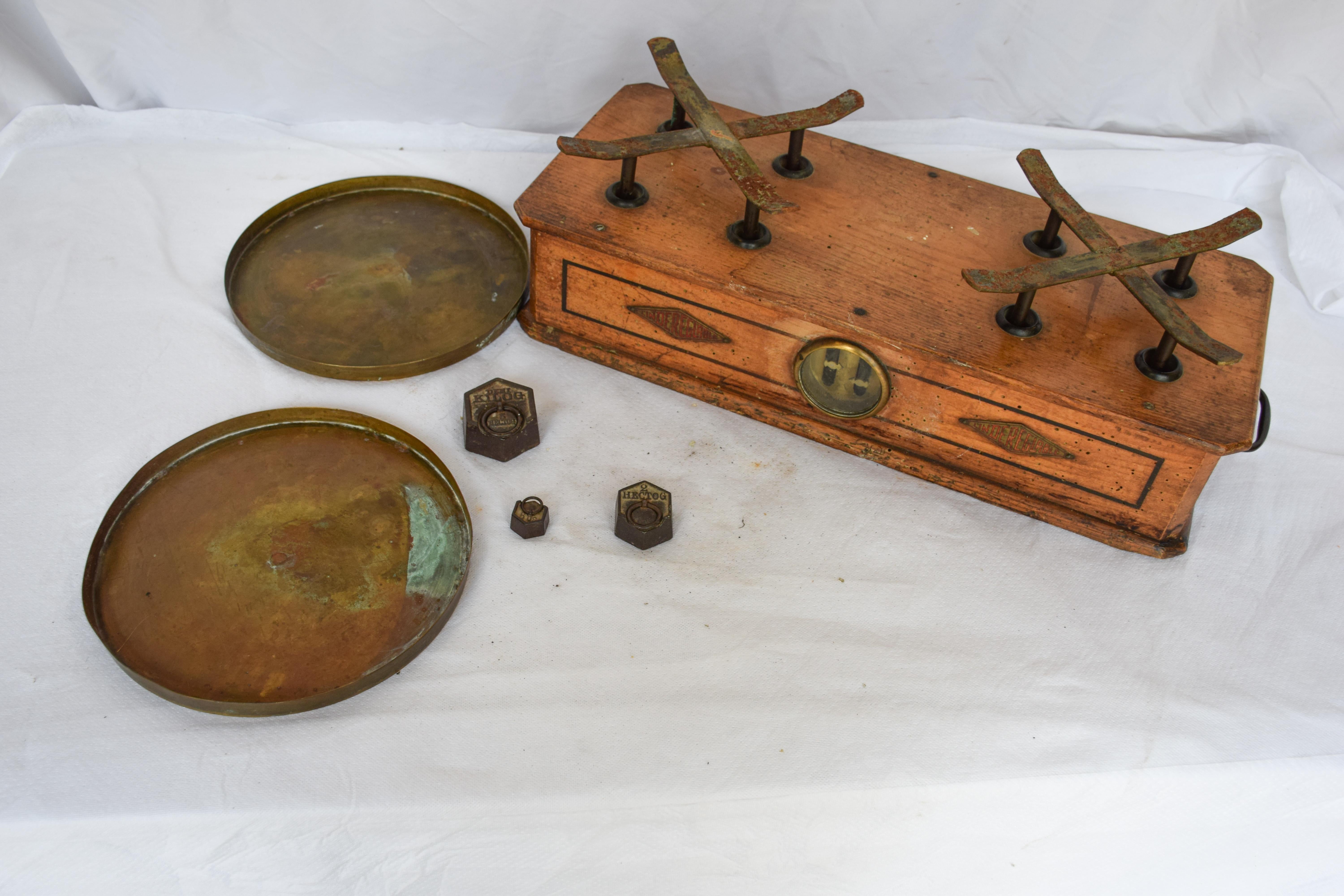 French Antique Two-Plate Scale, Wood, Copper and Brass For Sale