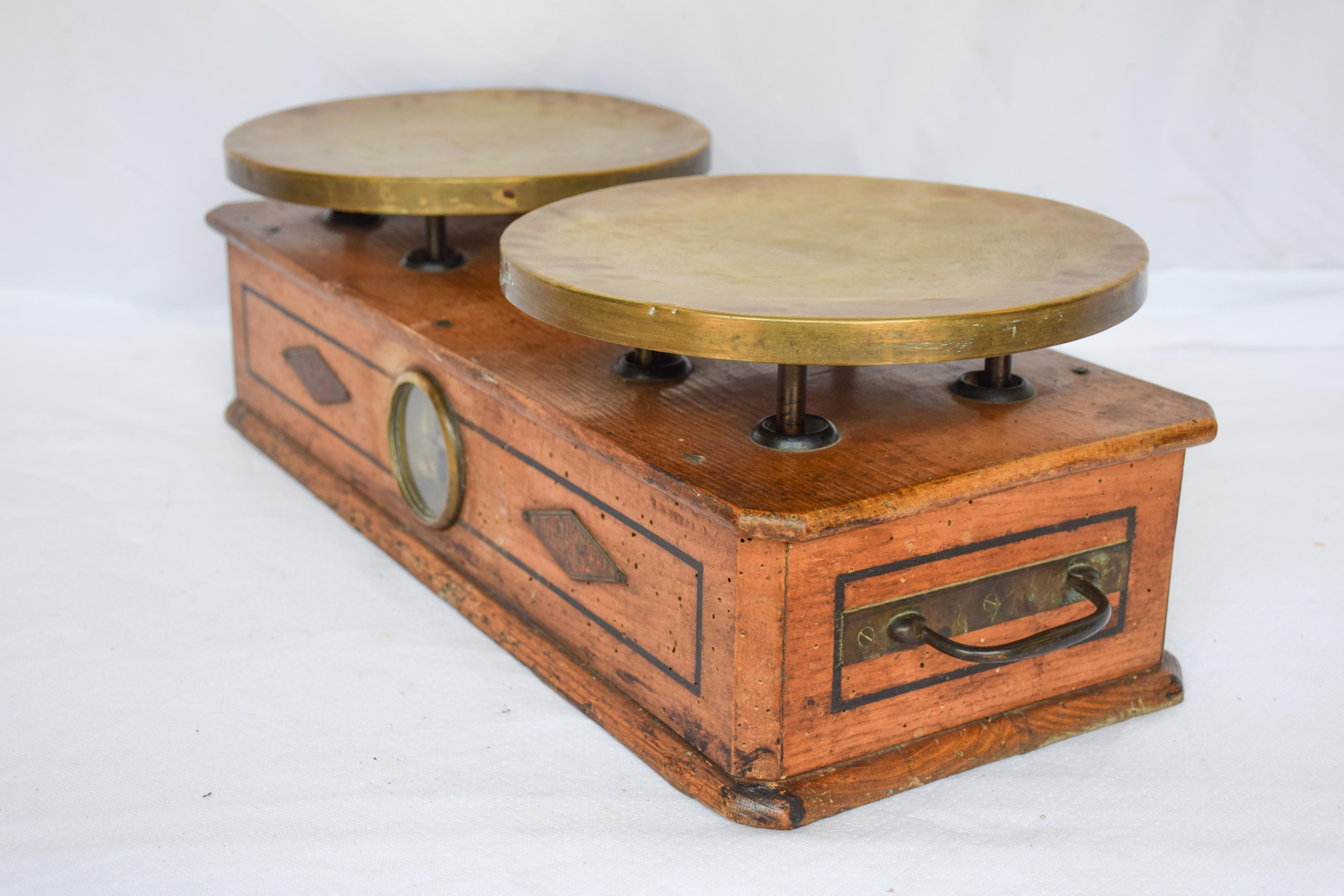 20th Century Antique Two-Plate Scale, Wood, Copper and Brass For Sale
