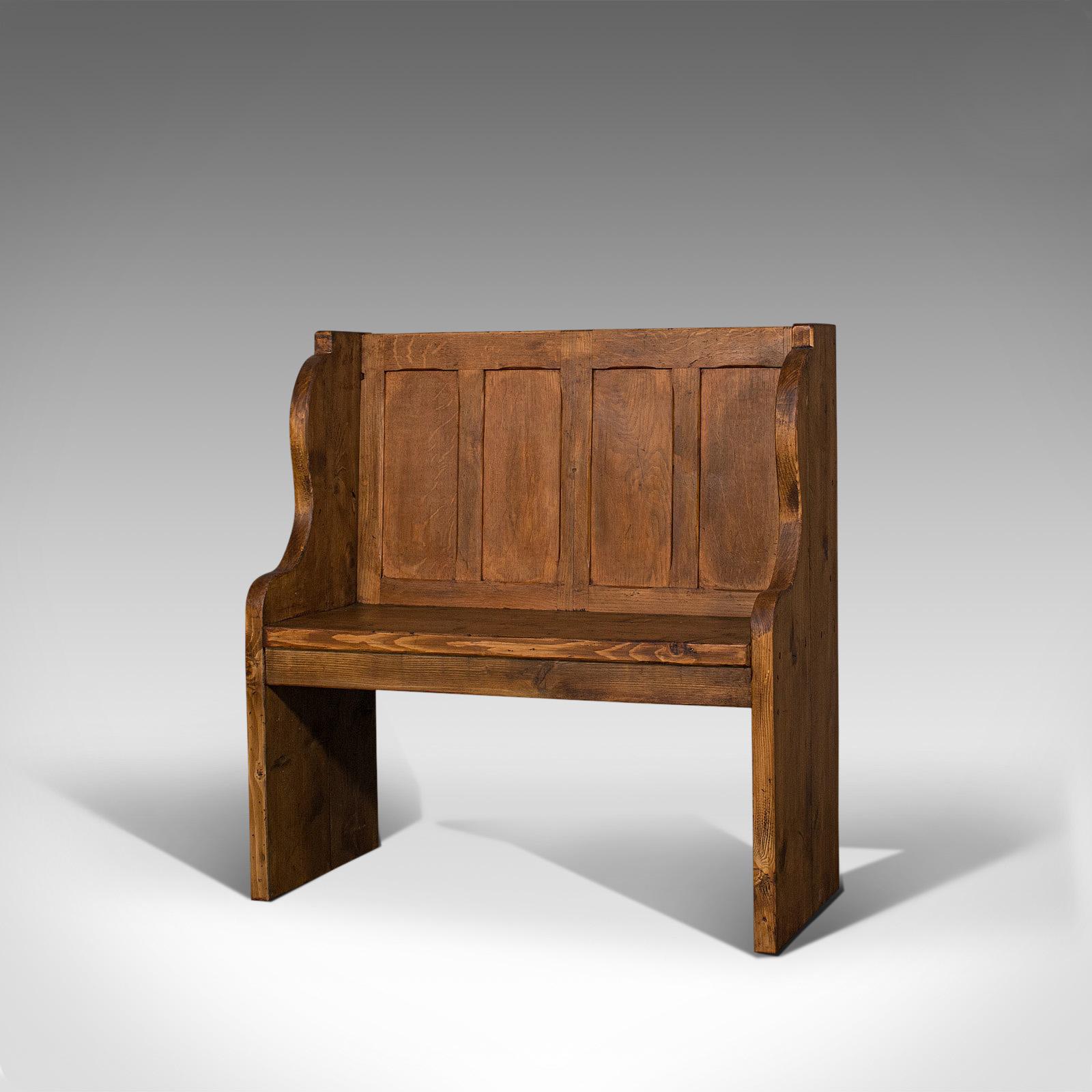 British Antique Two Seat Settle, English, Oak, Pine, Ecclesiastic, Pew, Bench, Victorian