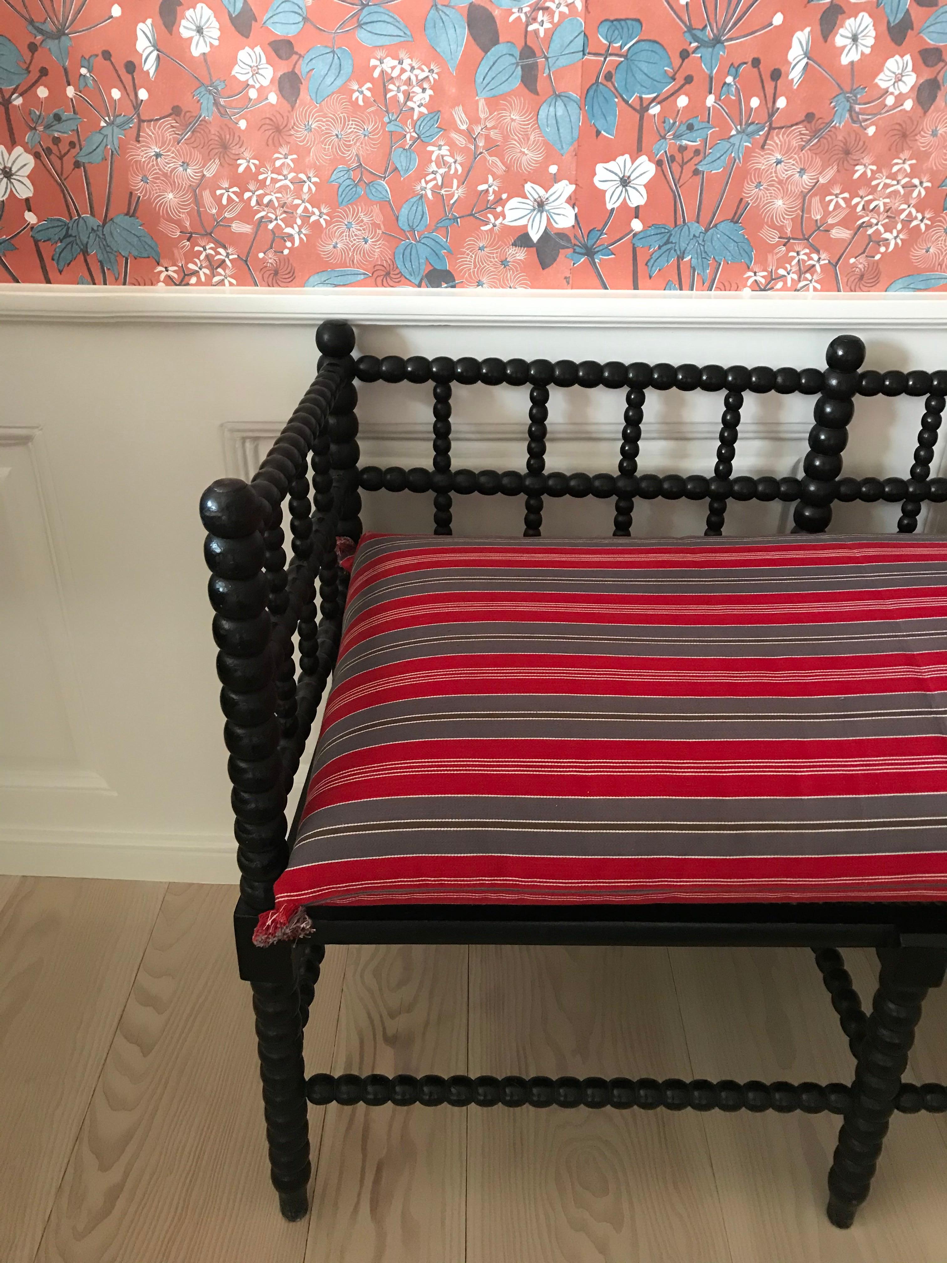 English Antique Two-Seater Bench with Ebonised and Bobbin-Turned Frame, England, 1830s