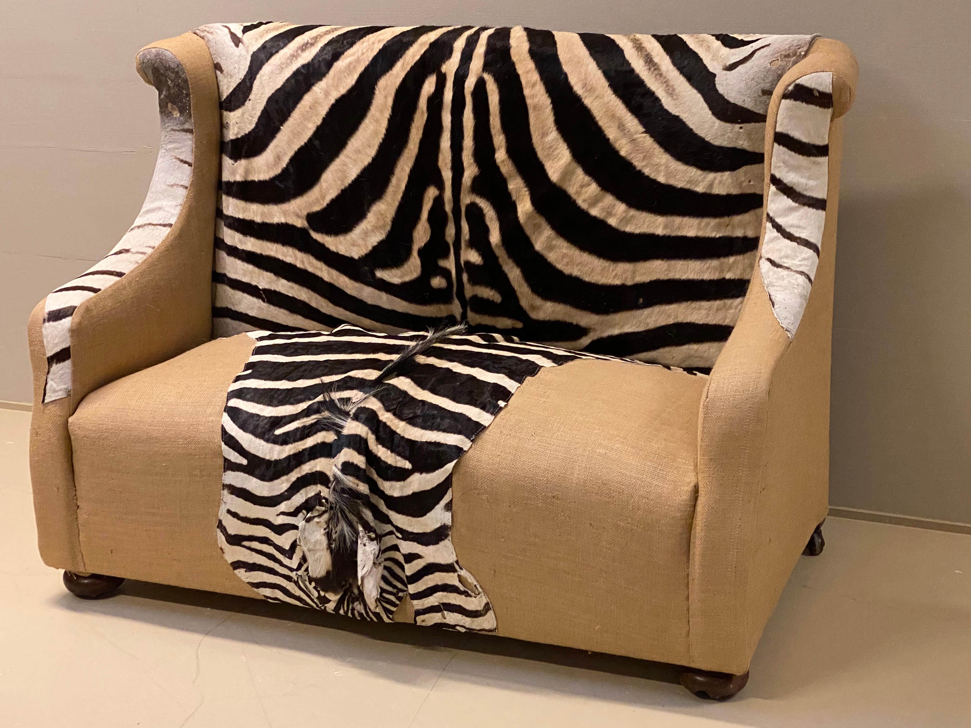 Antique Two Seater Canape with Real Zebra Skin Upholstery For Sale 9