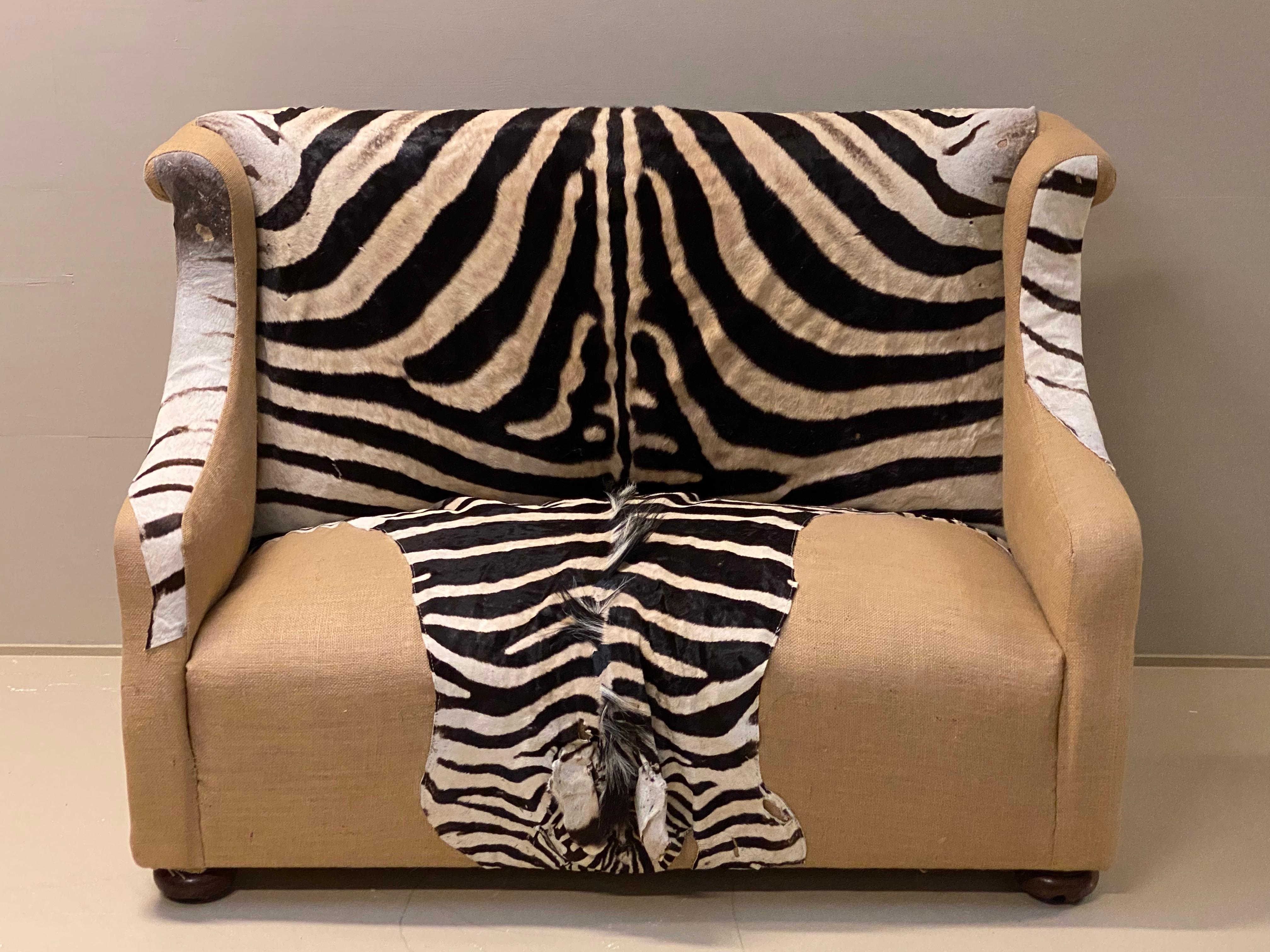 British Antique Two Seater Canape with Real Zebra Skin Upholstery For Sale