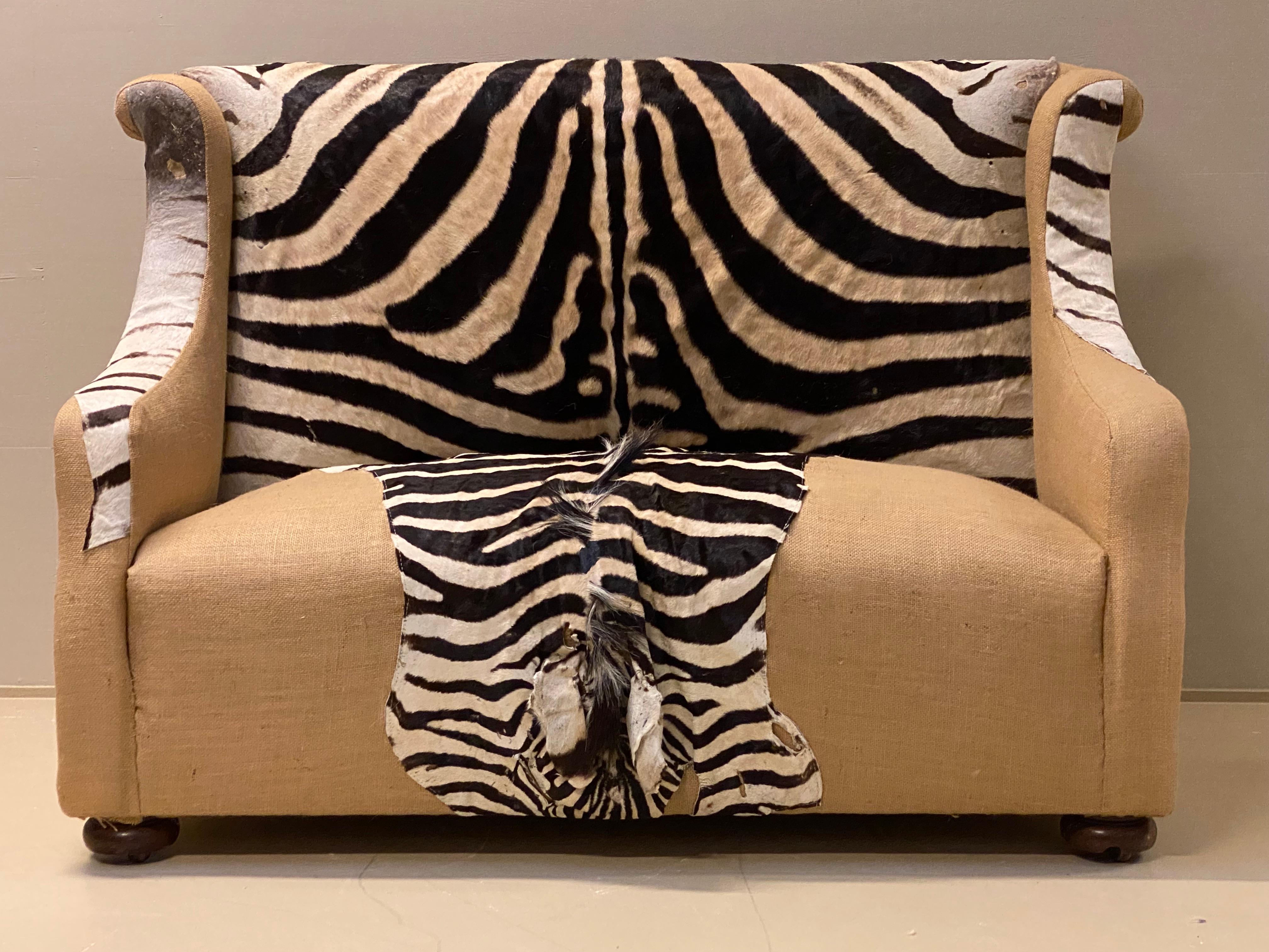 Fruitwood Antique Two Seater Canape with Real Zebra Skin Upholstery For Sale