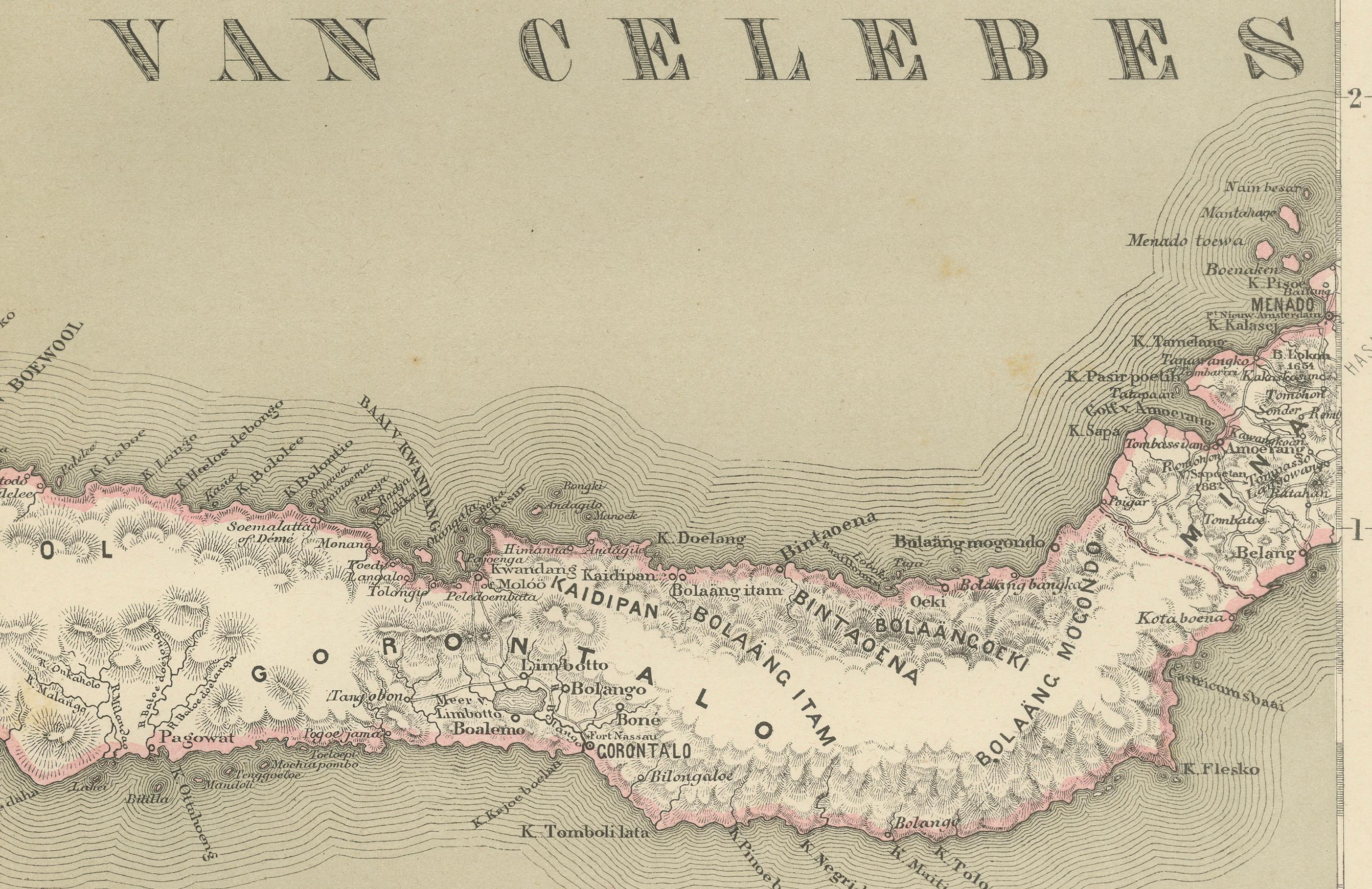 Mapa antiguo en dos hojas de Célebes Sulawesi - Dornseiffen, Indias Orientales Holandesas, 1884 en venta 4