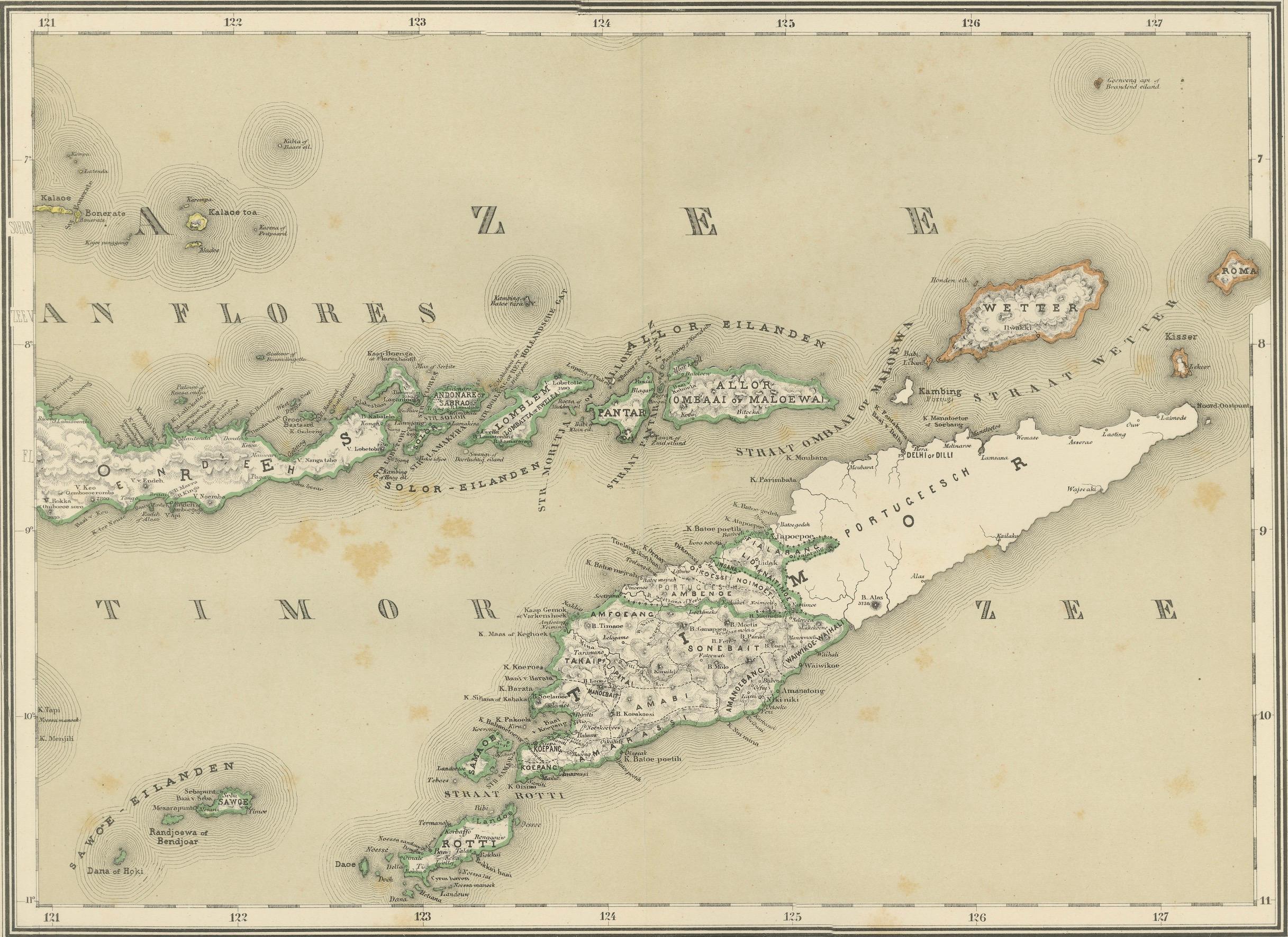 Mappa antica in due fogli delle Piccole Isole della Sonda, Indie Orientali Olandesi - 1884 in vendita 3