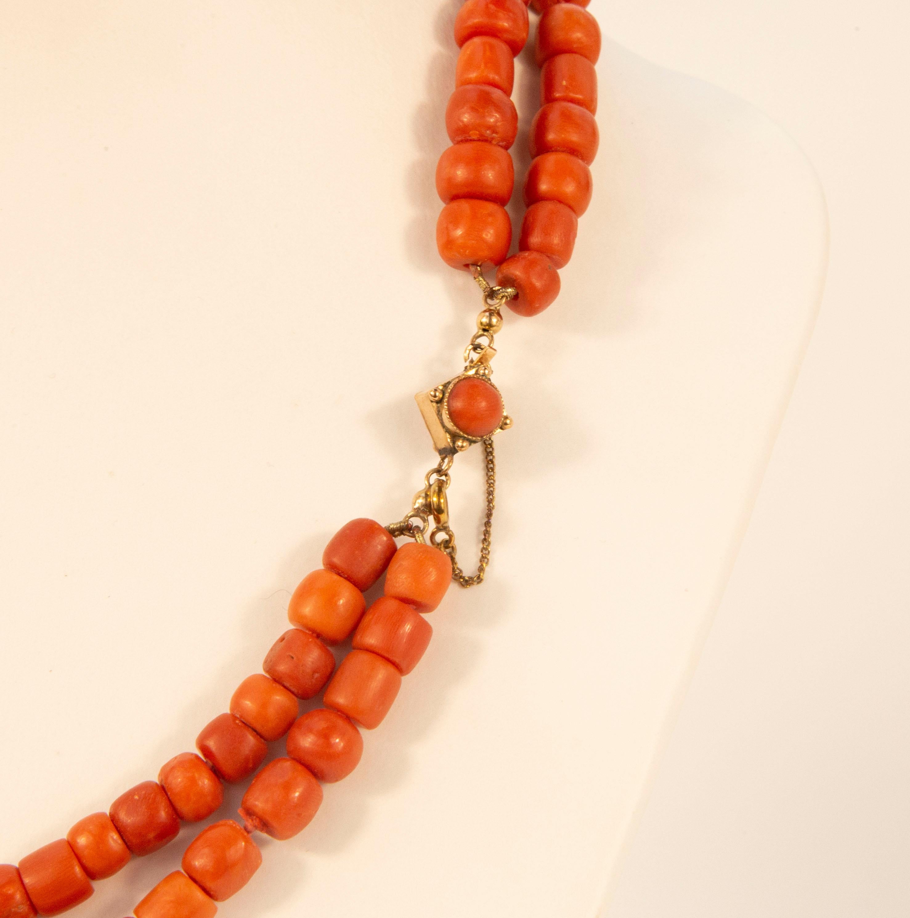 Bead Antique Two Strand Red Coral Necklace with a 14 Karat Rose Gold Barrel Lock For Sale