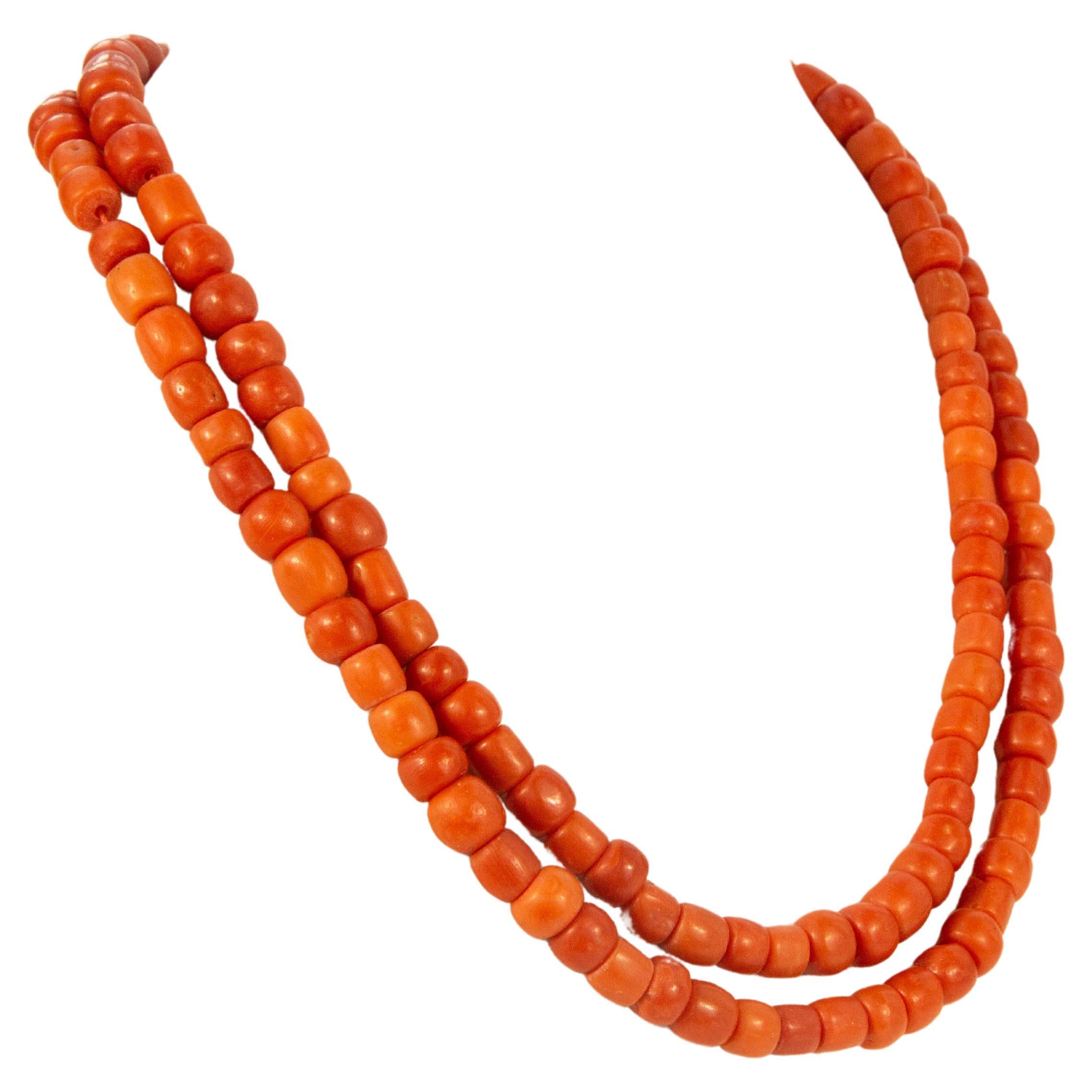 Antique Two Strand Red Coral Necklace with a 14 Karat Rose Gold Barrel Lock For Sale