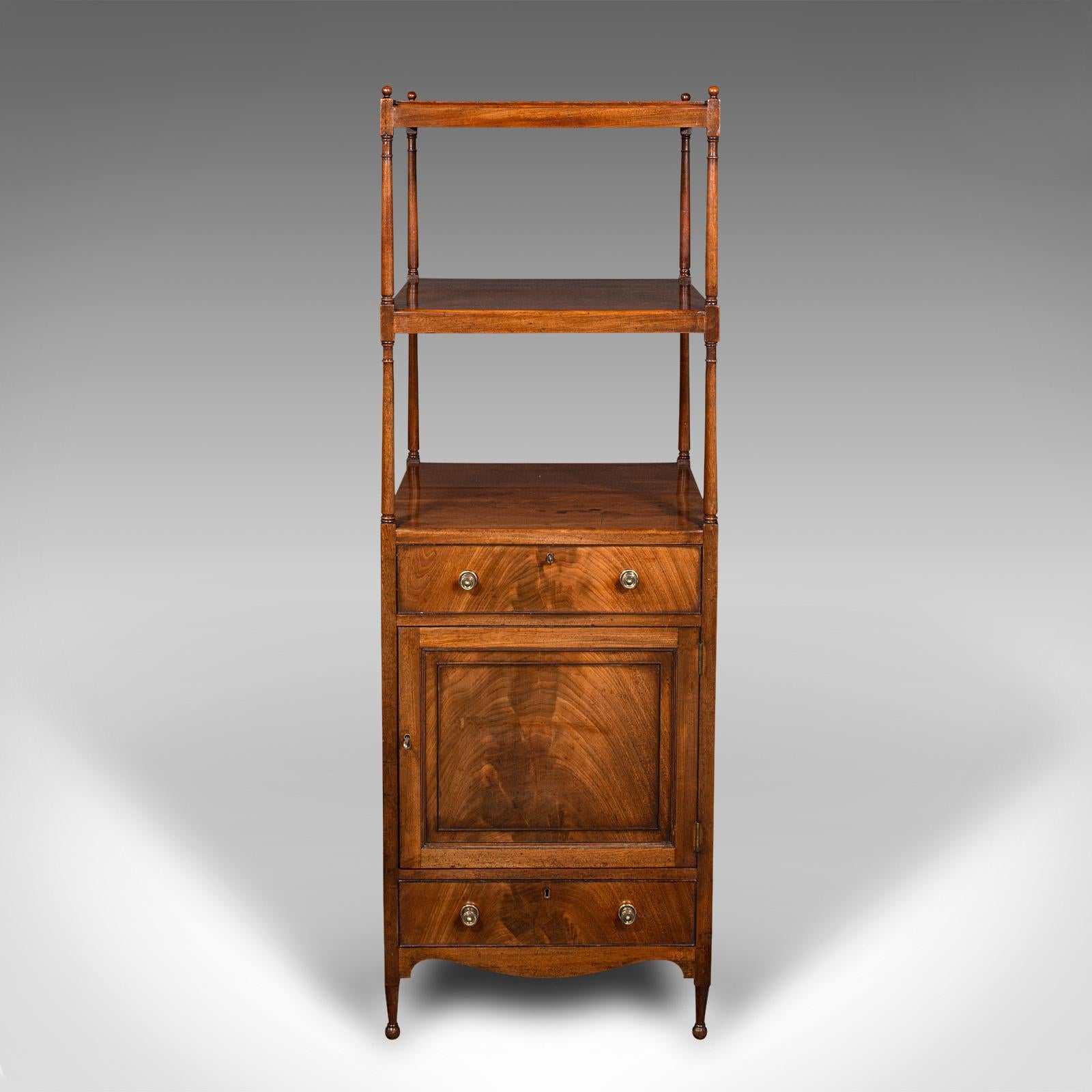 This is an antique two tier display stand. An English, mahogany whatnot with cabinet lower, dating to the Victorian period, circa 1860.

Beautifully presented stand with a suite of useful storage
Displays a desirable aged patina and in good