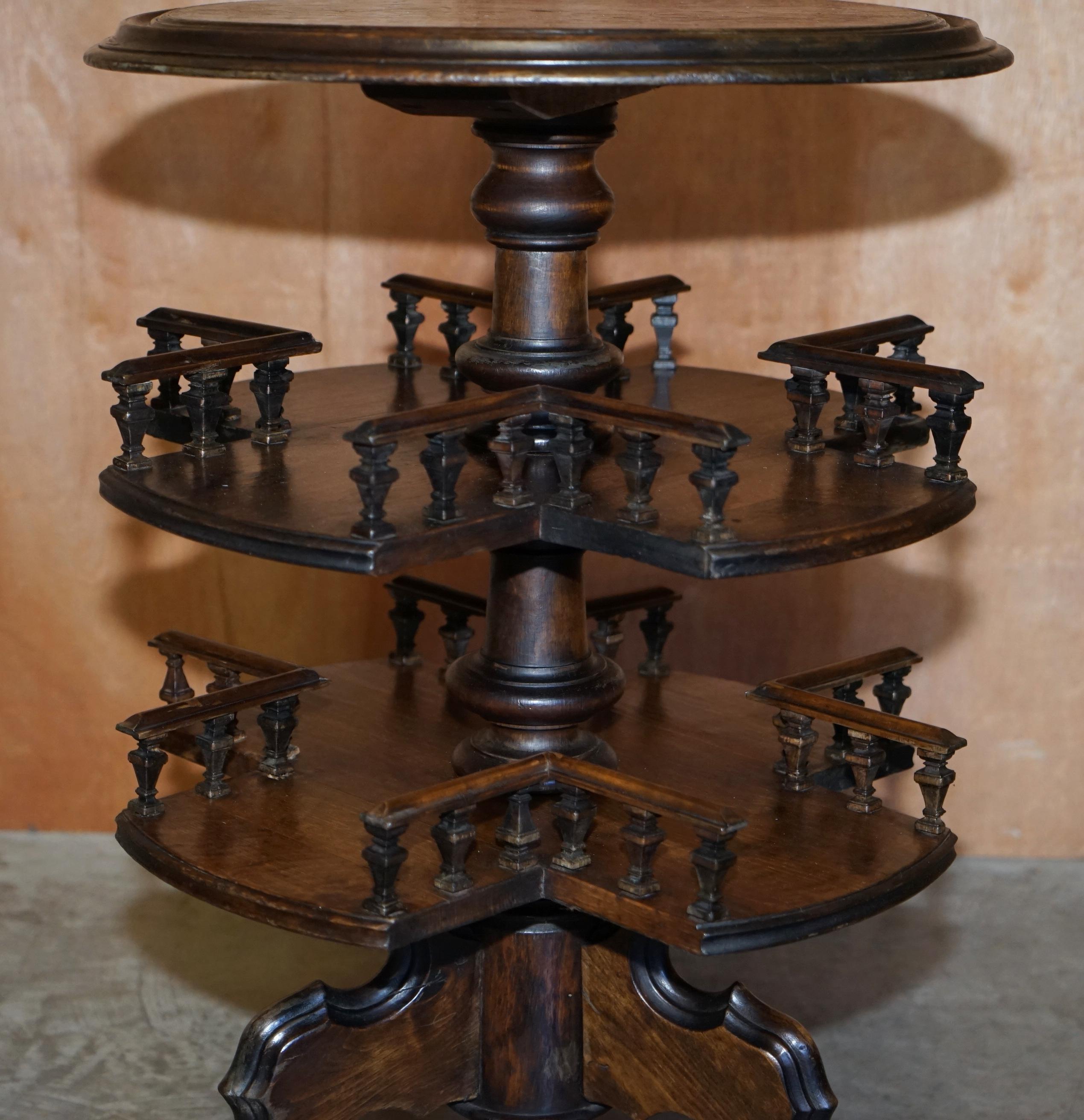 Antique Two Tier Hand Carved Victorian Pokerwork Oak Library Book Table Bookcase For Sale 4