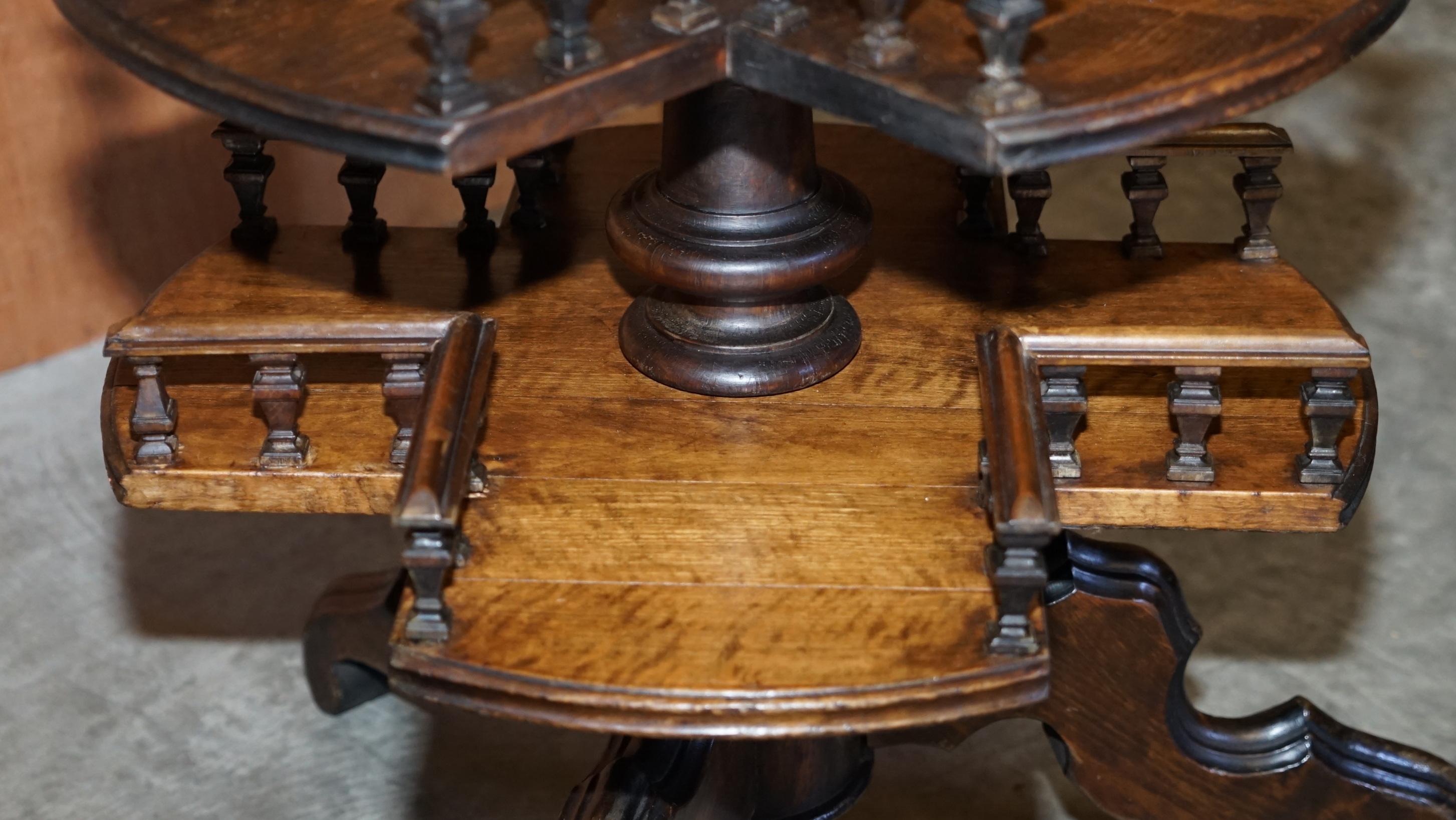 Antique Two Tier Hand Carved Victorian Pokerwork Oak Library Book Table Bookcase For Sale 5