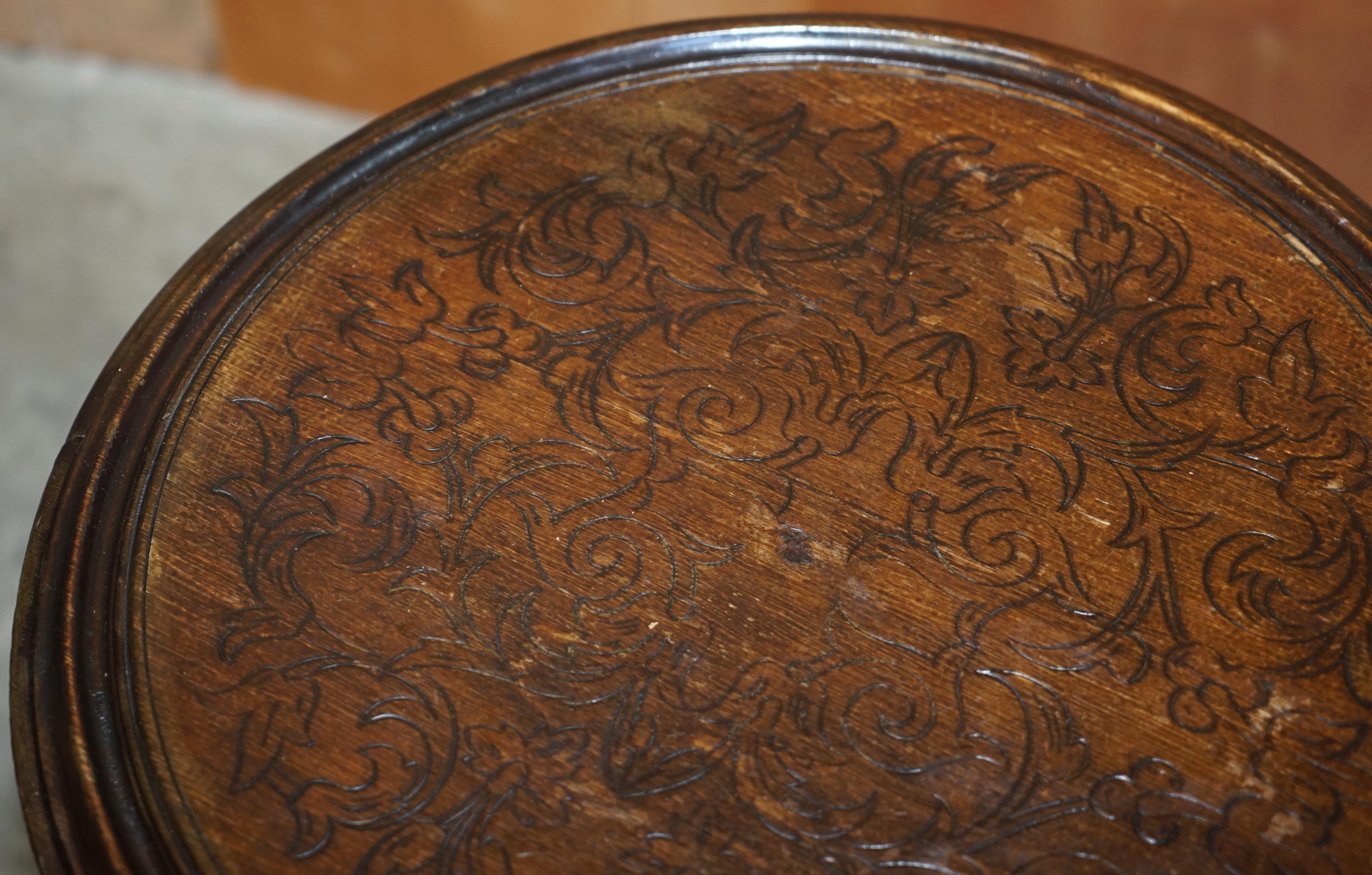 Hand-Crafted Antique Two Tier Hand Carved Victorian Pokerwork Oak Library Book Table Bookcase For Sale