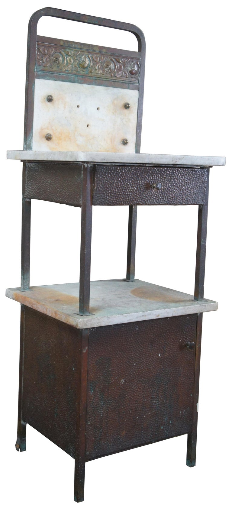 Late Victorian Antique Two Tier Marble & Iron Medical Cabinet Industrial Wash Stand Table For Sale
