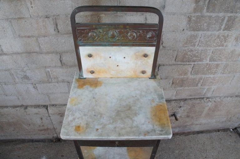 20th Century Antique Two Tier Marble & Iron Medical Cabinet Industrial Wash Stand Table For Sale